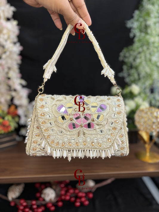 Handcrafted Mirror and Pearl Embellished Party Sling Bag