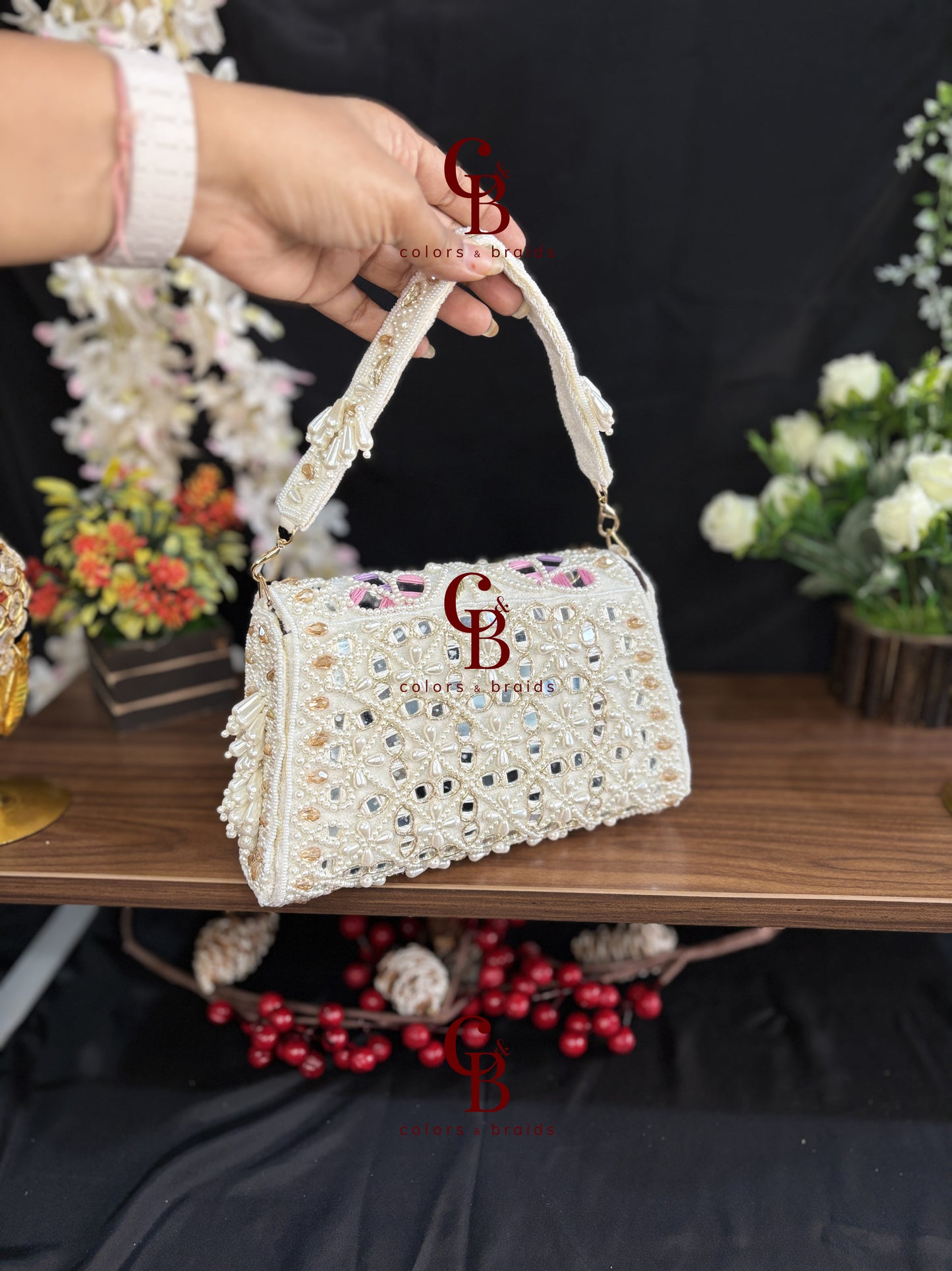 Handcrafted Mirror and Pearl Embellished Party Sling Bag