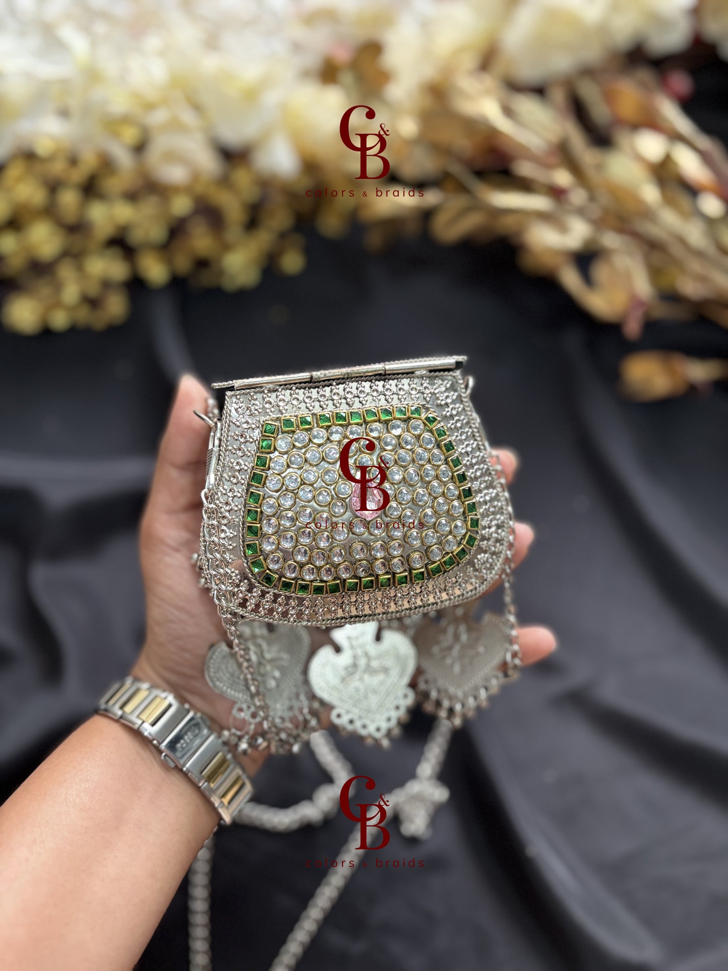 Pink and Green Ghungroo Kundan Clutch with (With Ghungroo Sound)
