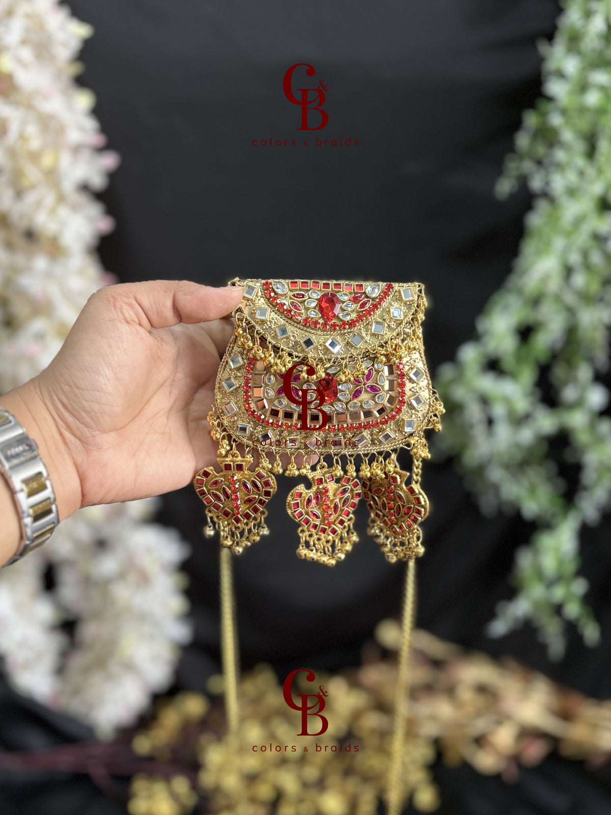 Pink Red Kundan and Crystal Ghungroo Clutch (With Ghungroo Sound)