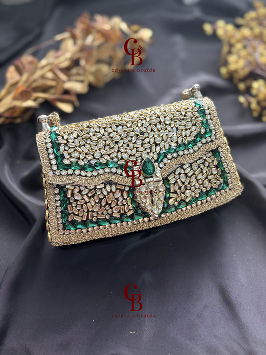 Rajgharana Emerald Crystals Brass Kundan Clutch