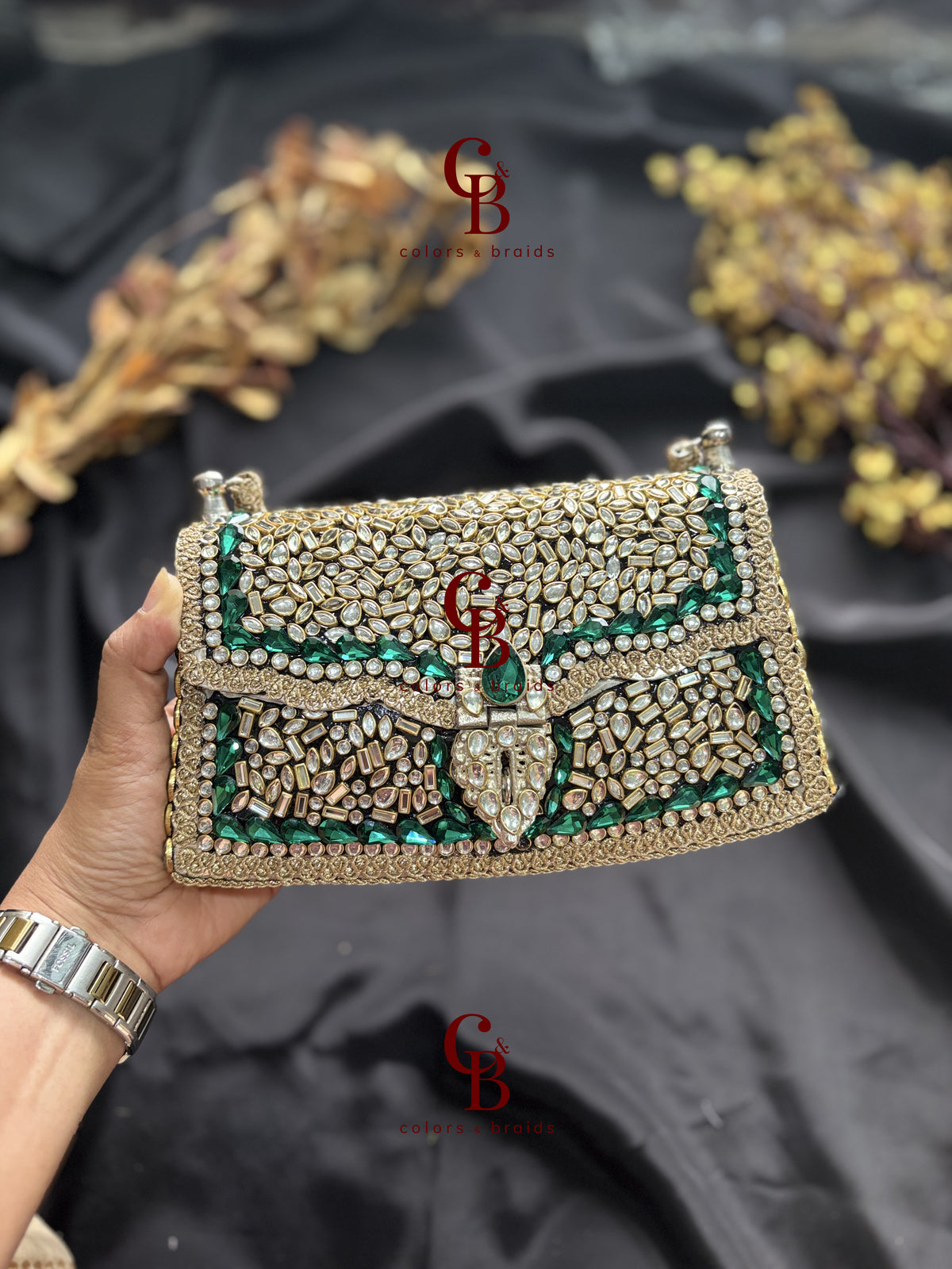 Rajgharana Emerald Crystals Brass Kundan Clutch