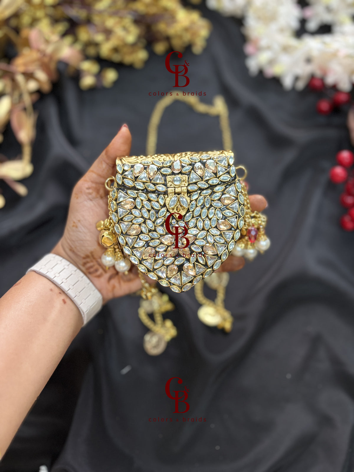 Mini Brass Kundan Stone Clutch with Charm Tassel Chain