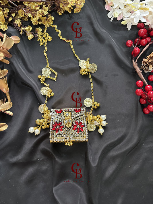 Brass Kundan Stone Clutch with Charm Tassel Chain - Mini