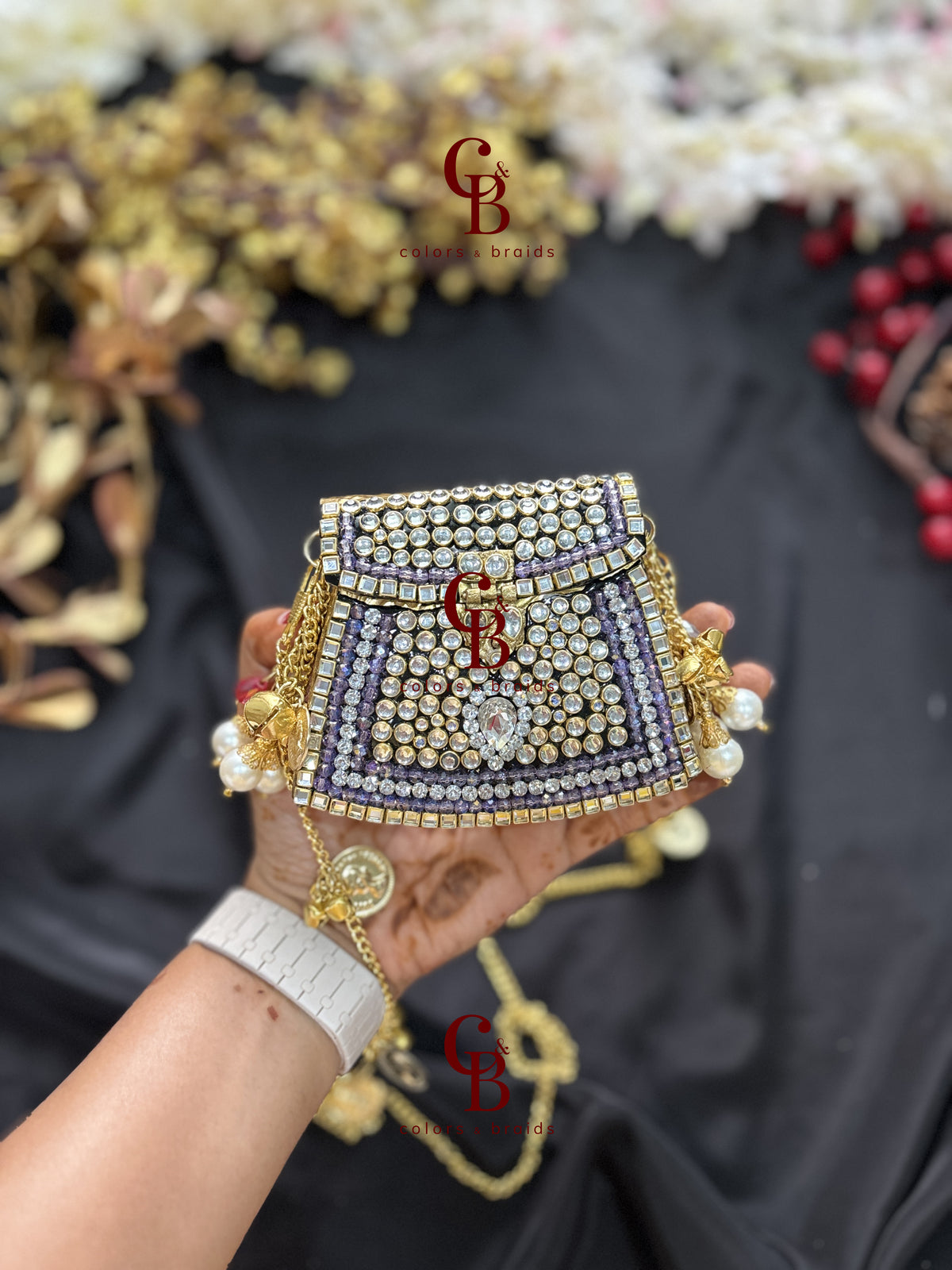 Brass Mini Kundan Stone Clutch with Charm Tassel Chain