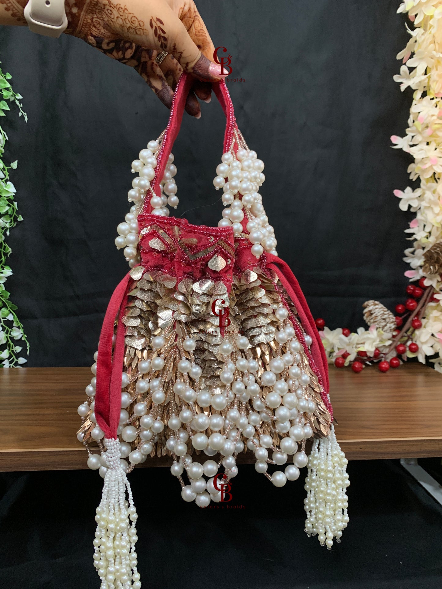 Sequin Jhallar Pearl Red and Magenta Pink Potli