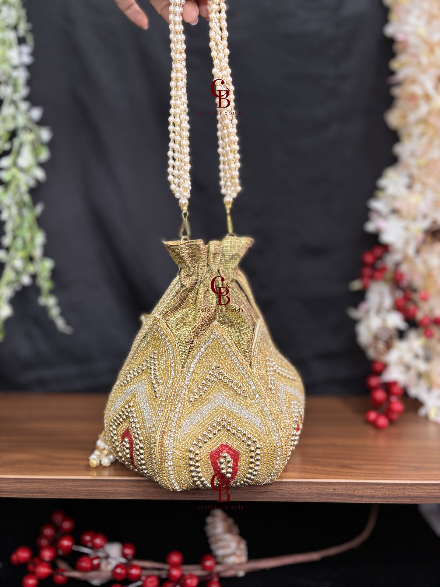 Lotus Pearl Potli With Red Beads