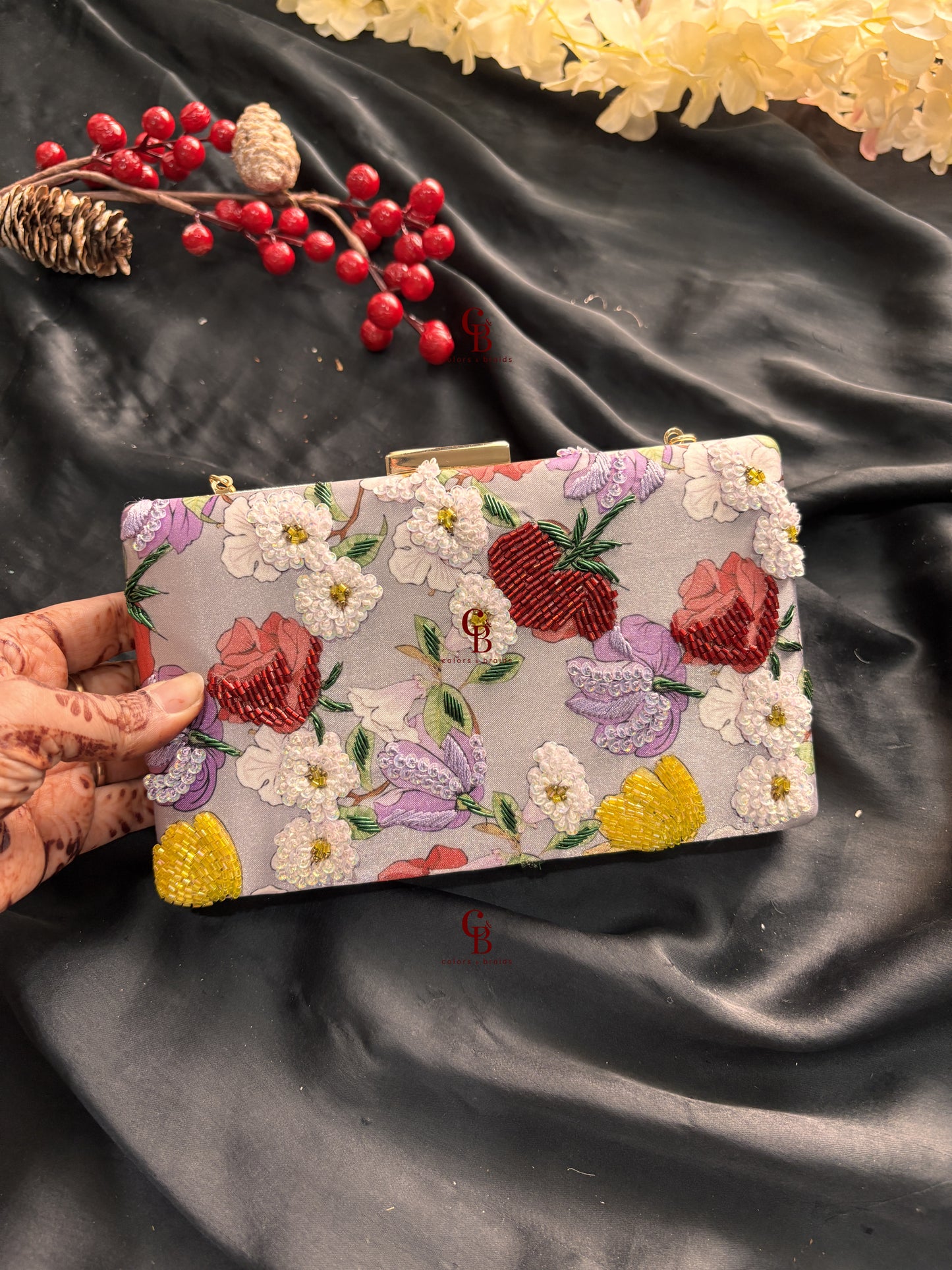 Grey Floral Clutch