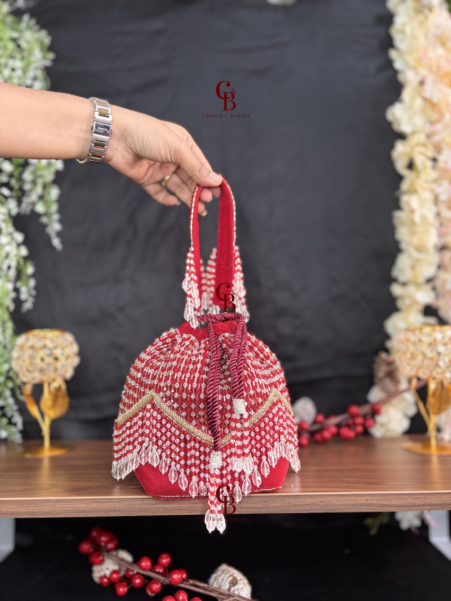 V Crystal Diamond Round Potli