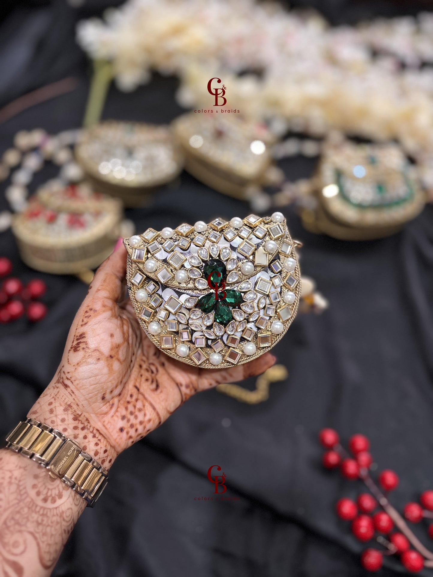 Green Kundan Mini Brass clutch