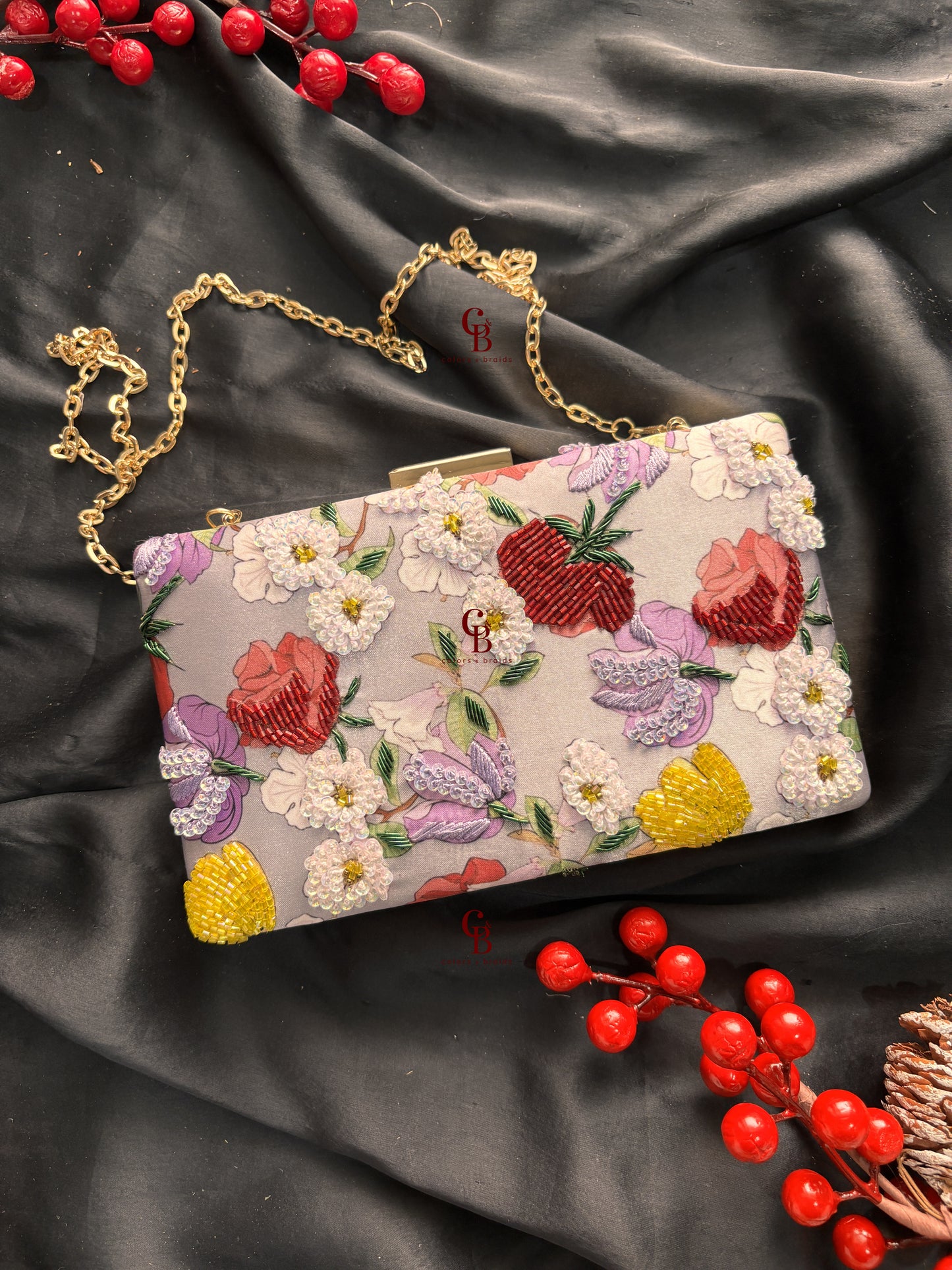 Grey Floral Clutch