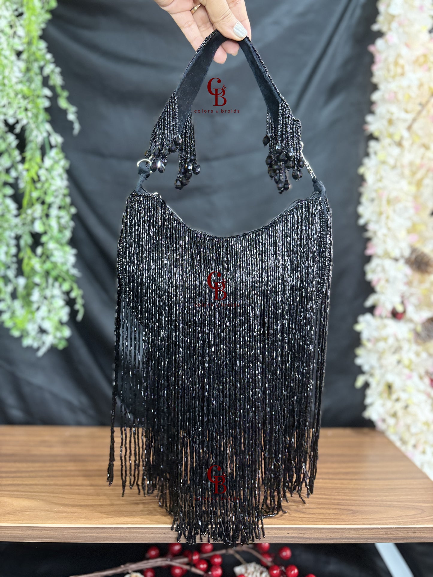 Moonlight Long Cut Dana Tassels Potli in black