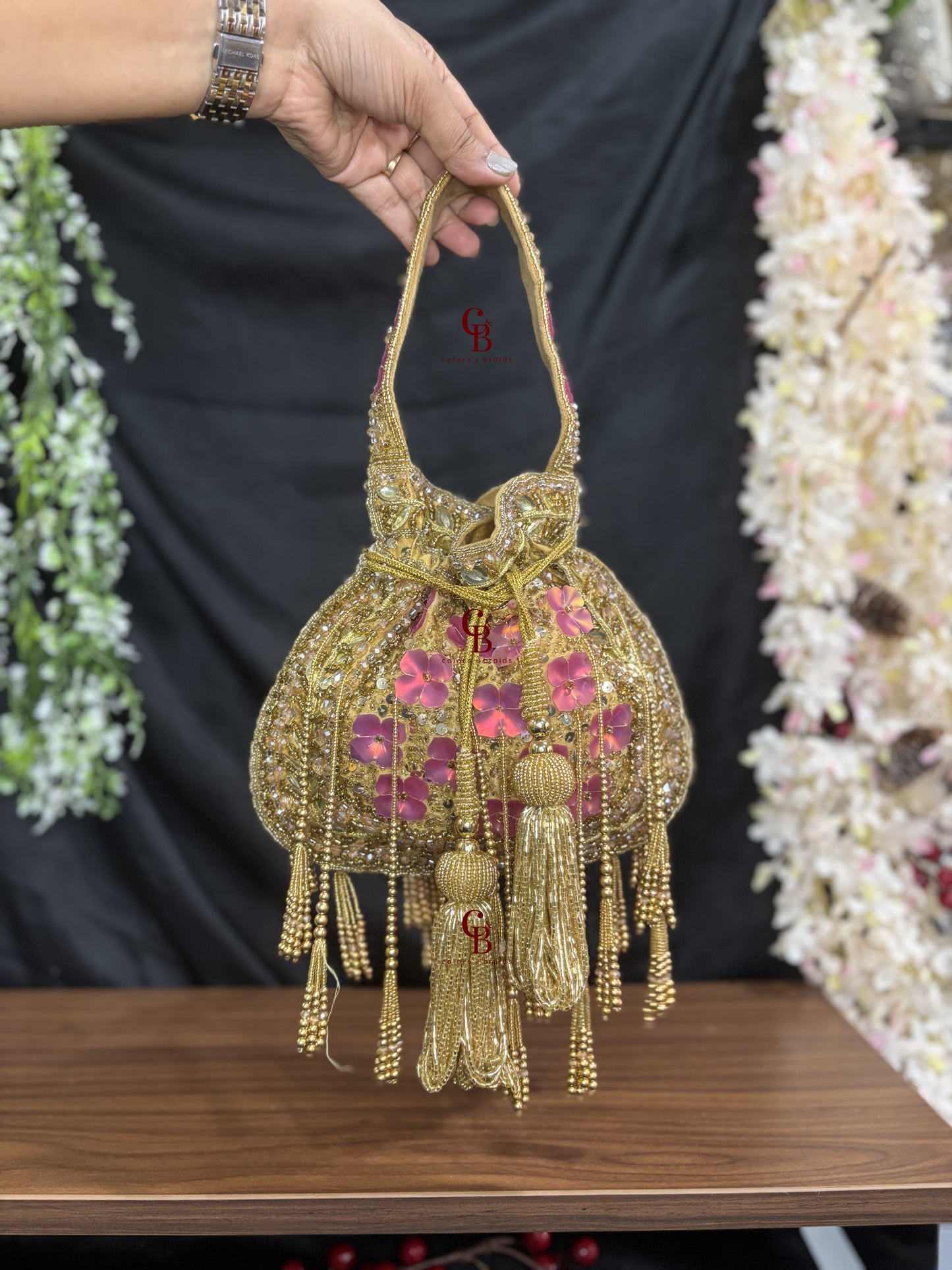 Pink Flower Potli - Gold Base