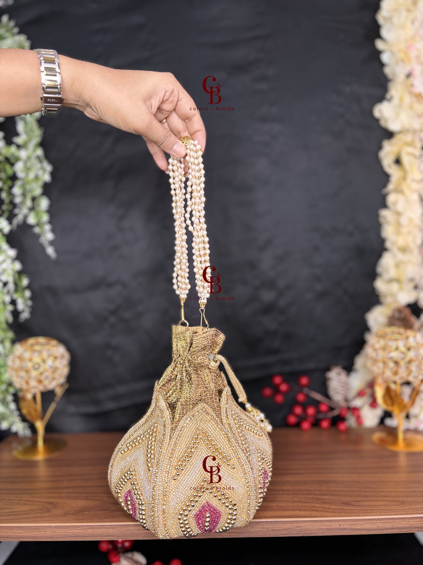 Lotus Pearl Potli With Wine Beads