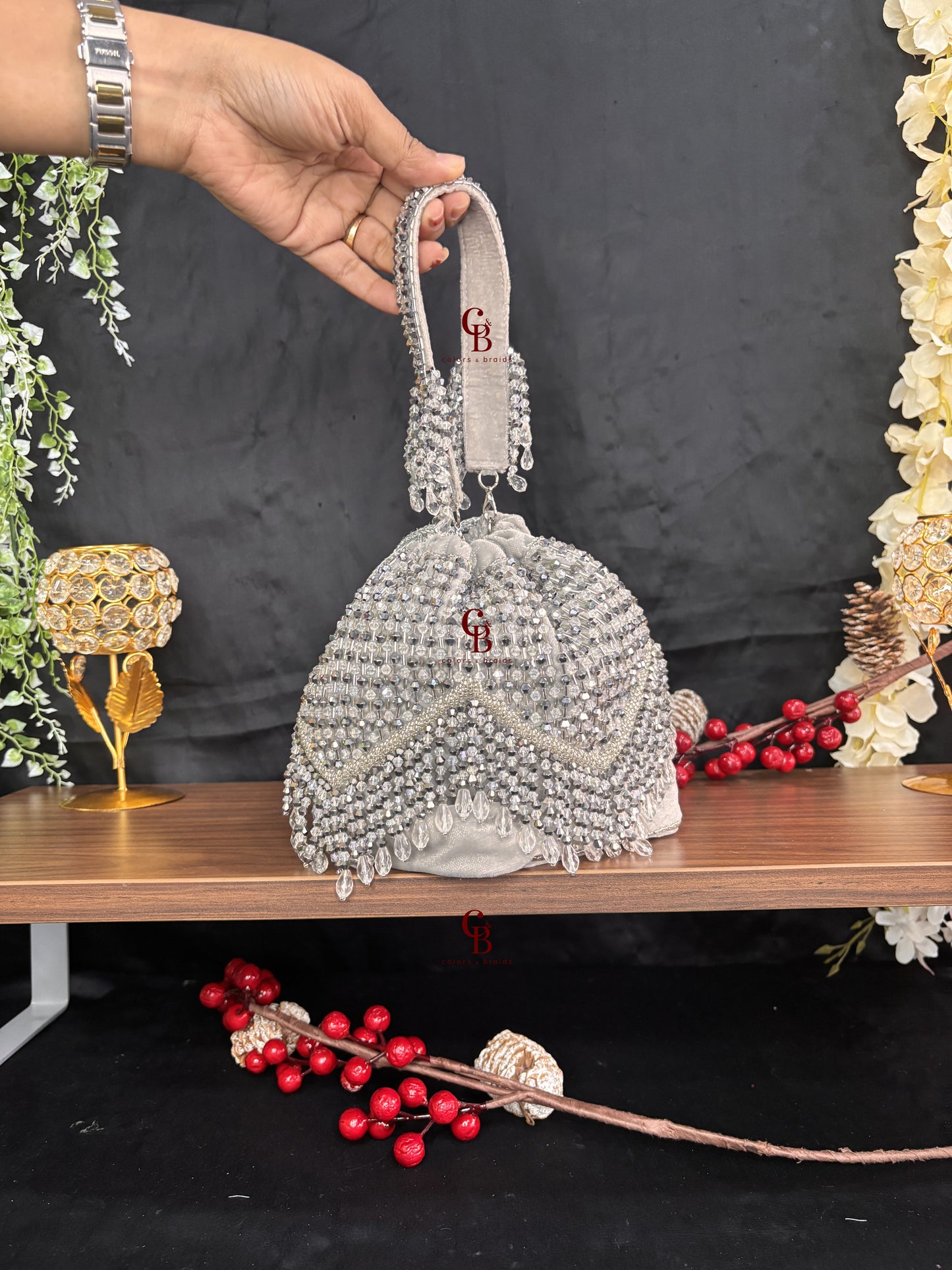 V Crystal Diamond Round Potli