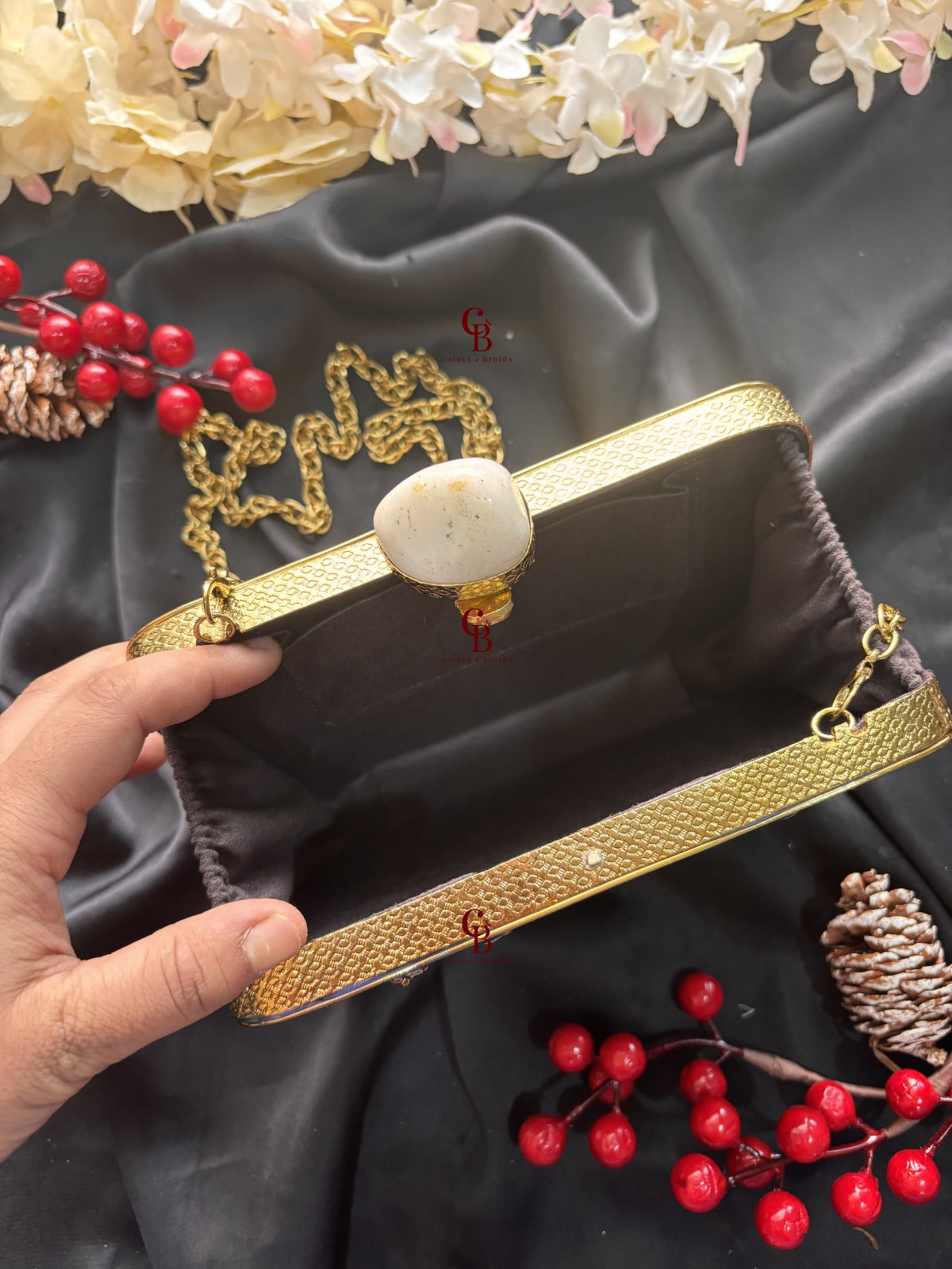 Blue White Base MOP Brass Clutch