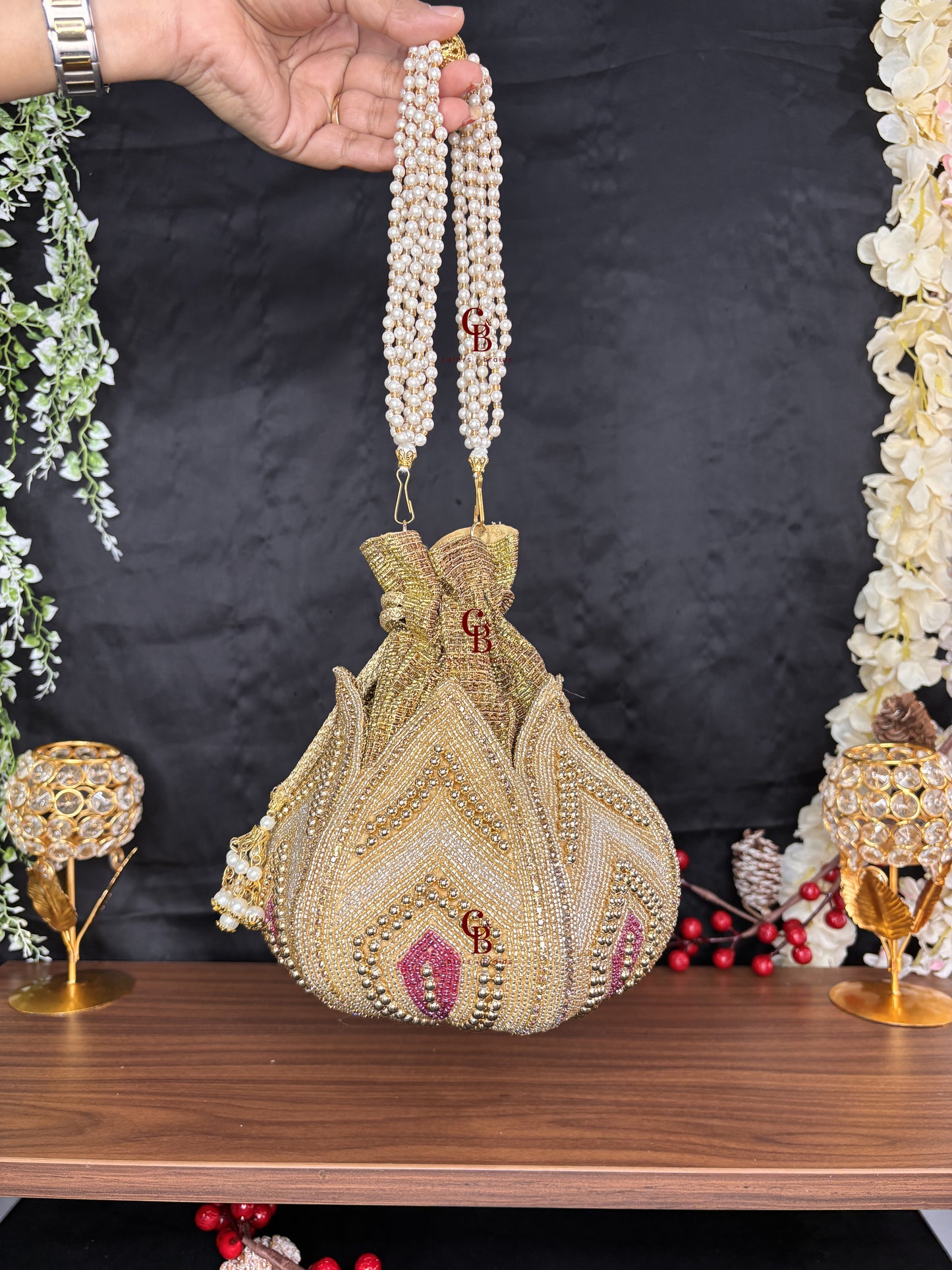 Lotus Pearl Potli With Wine Beads