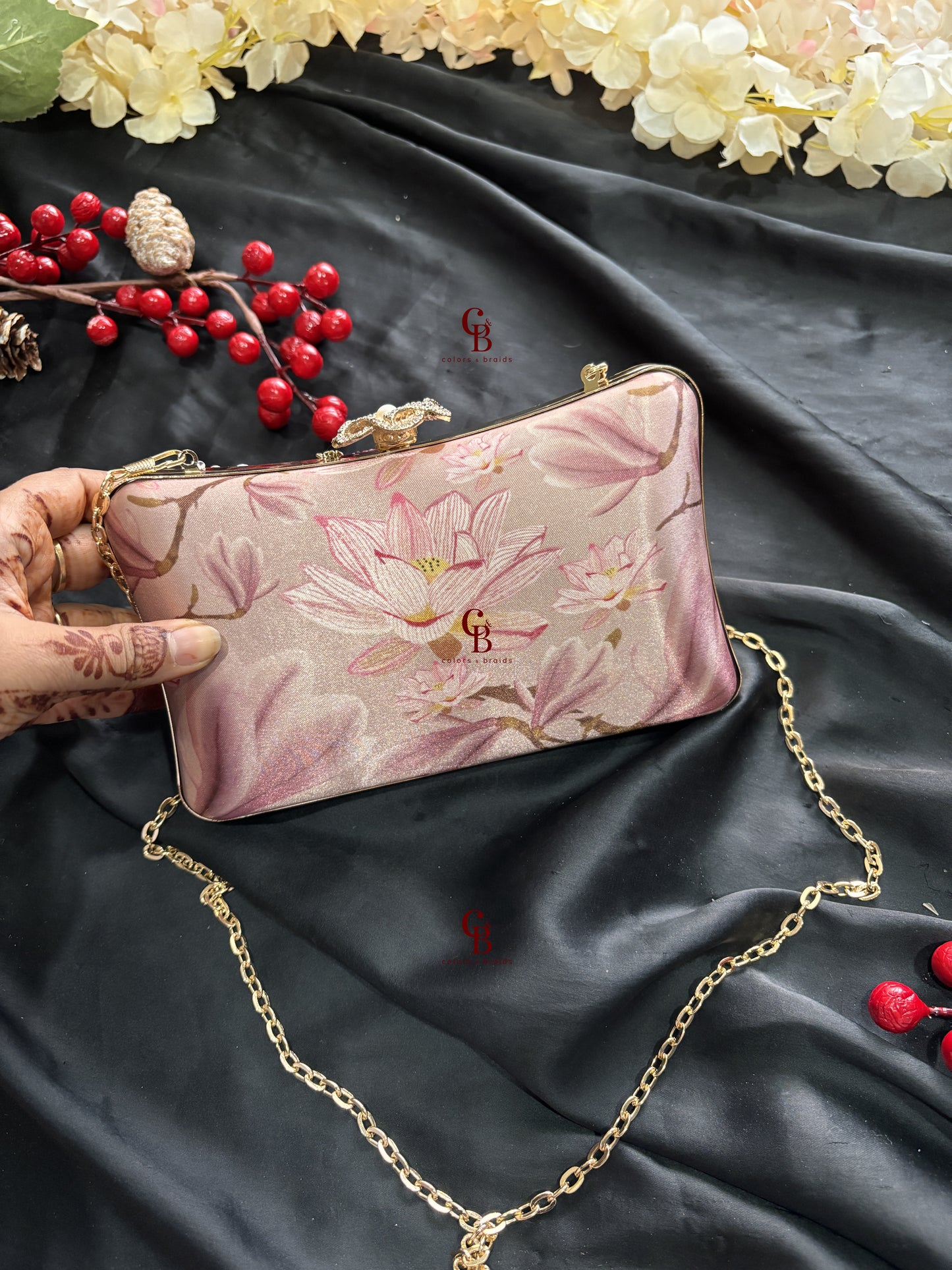 Peach Pink Floral Clutch