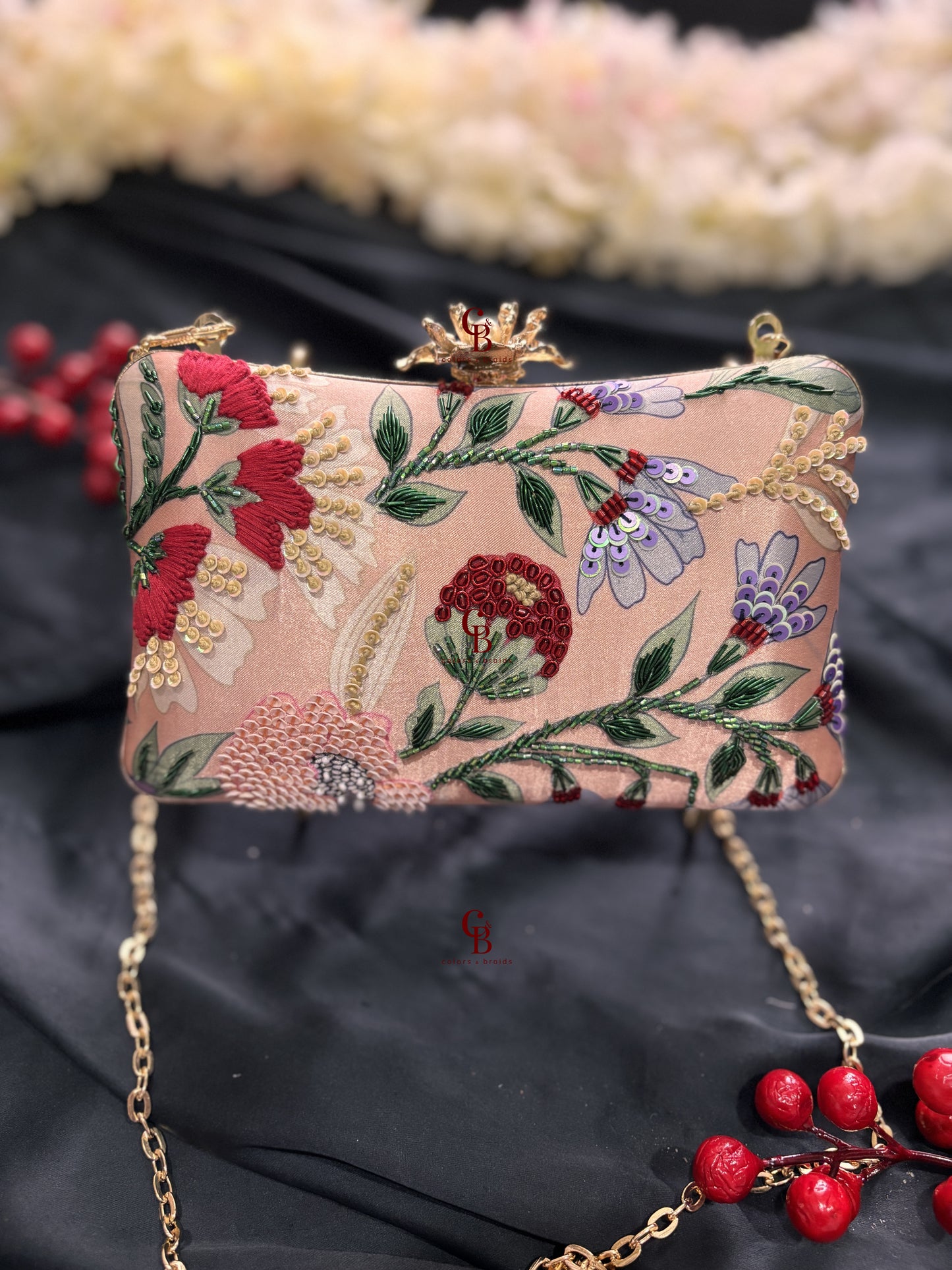 Peach Floral Highlight embroidery clutch