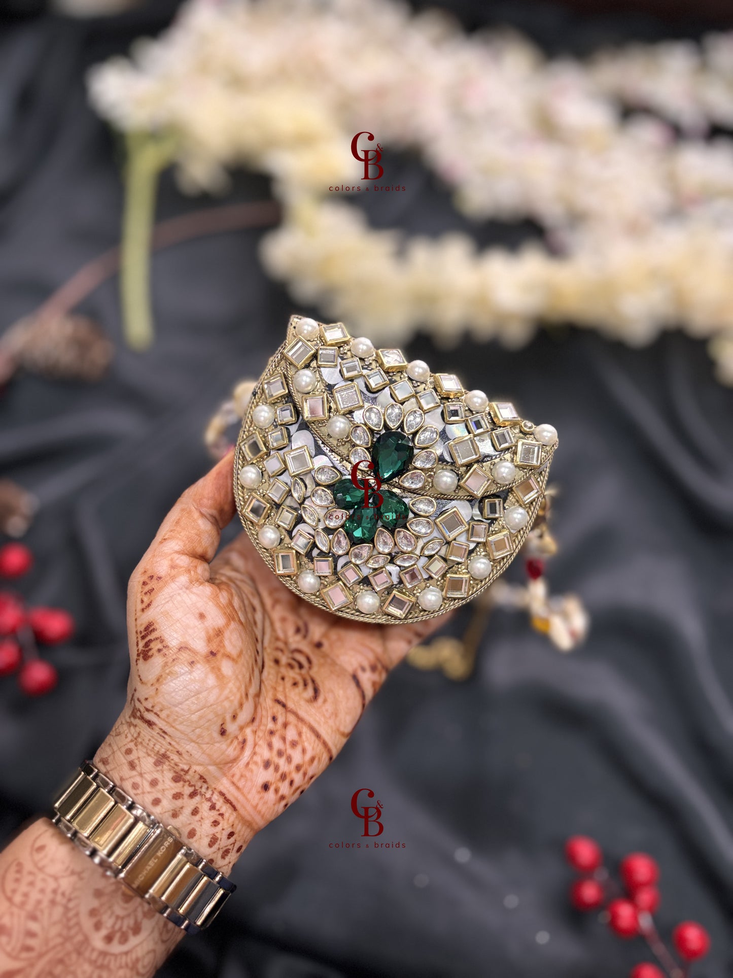 Green Kundan Mini Brass clutch
