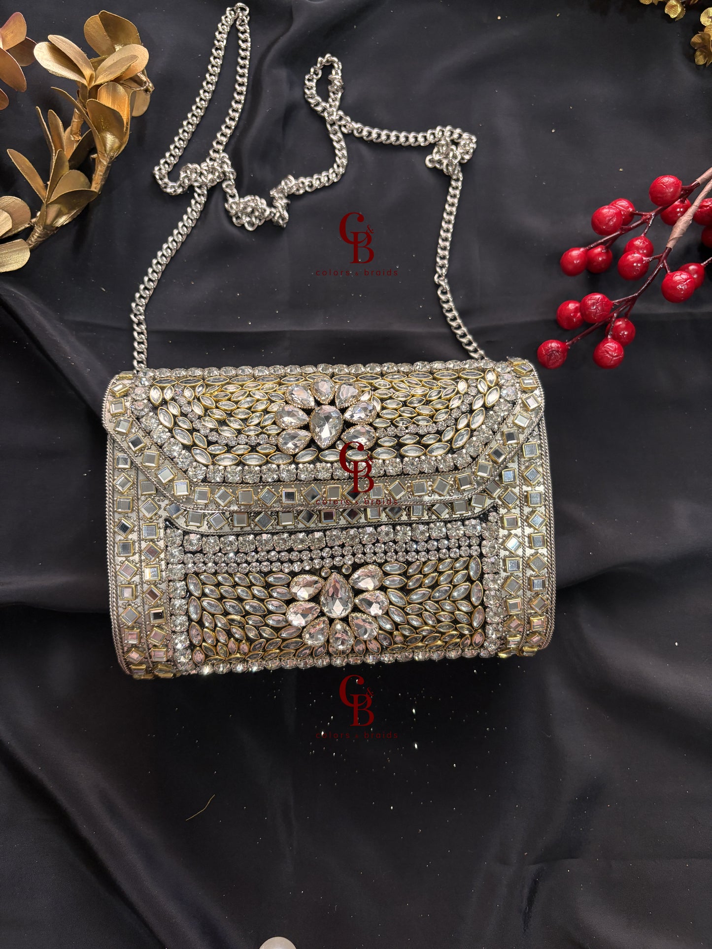 Alira Kundan Clutch in Silver