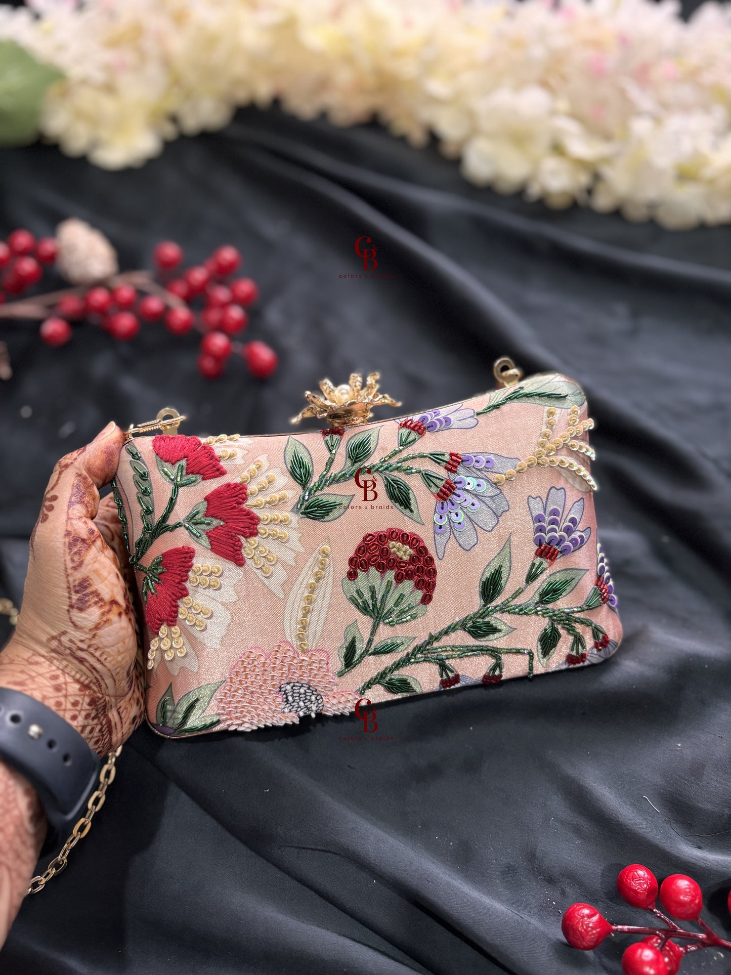 Peach Floral Highlight embroidery clutch