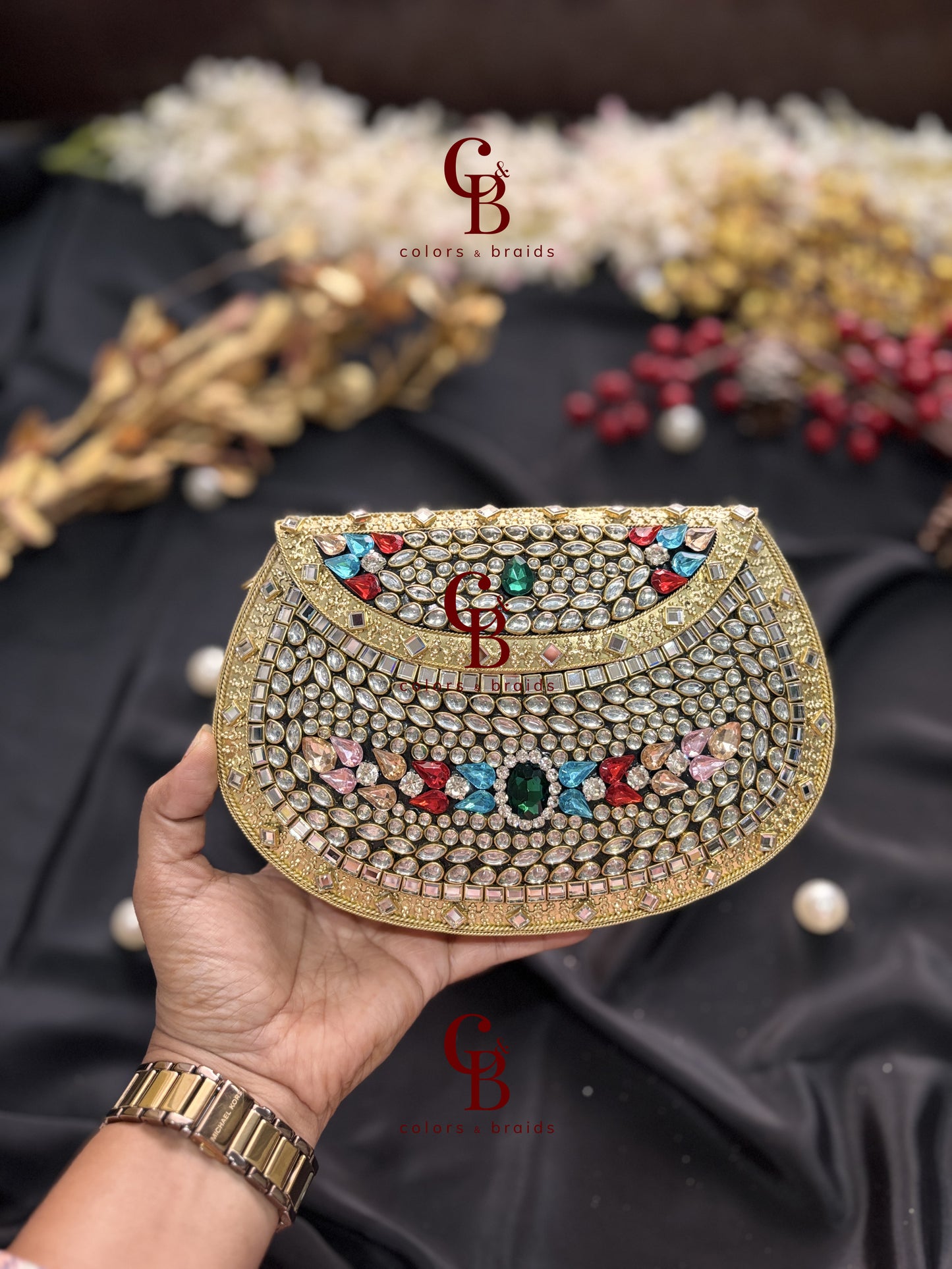 Anaya Kundan Stone Clutch with multi color crystals