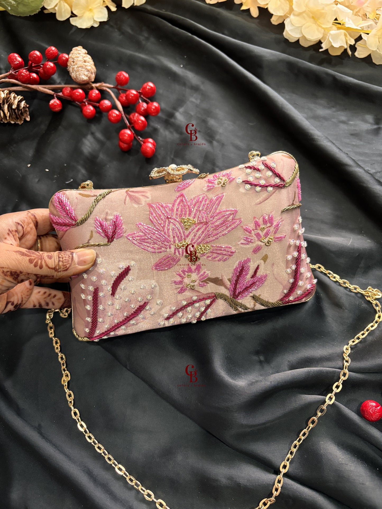 Peach Pink Floral Clutch