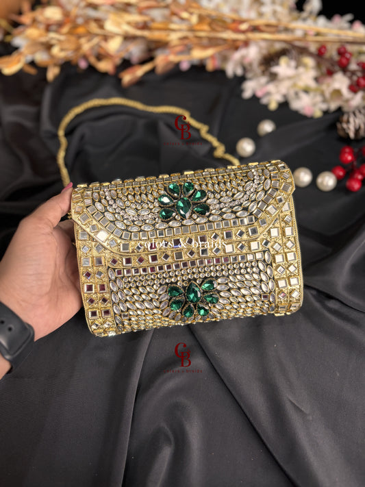 Alira Kundan and Green Crystal Clutch