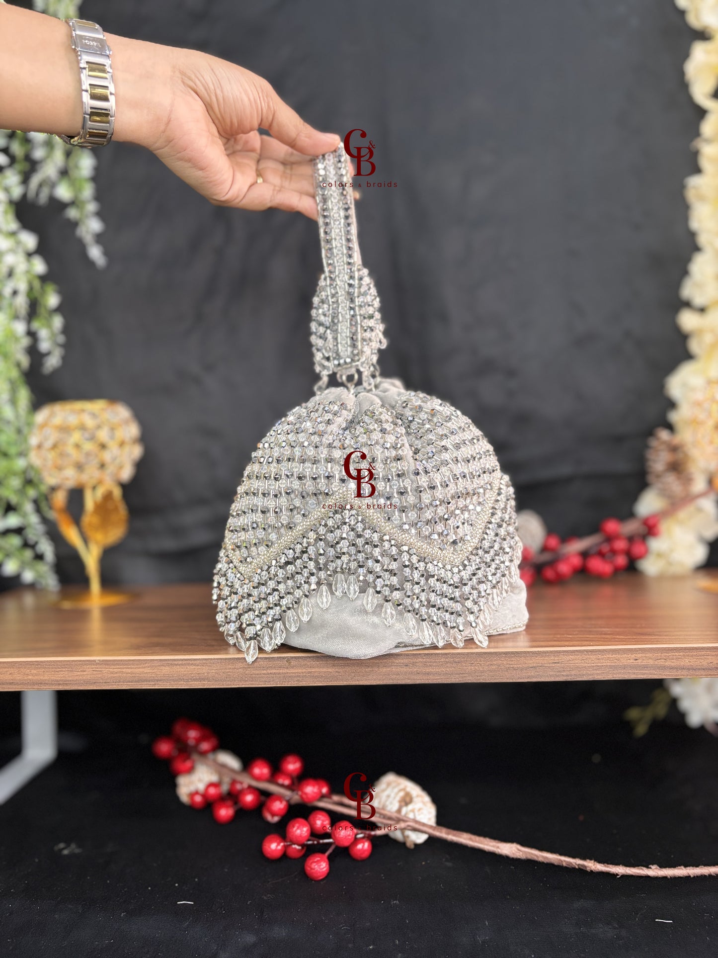 V Crystal Diamond Round Potli