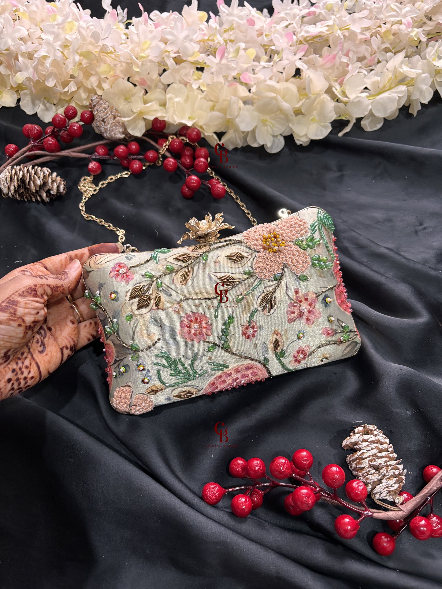 Mint green floral Clutch