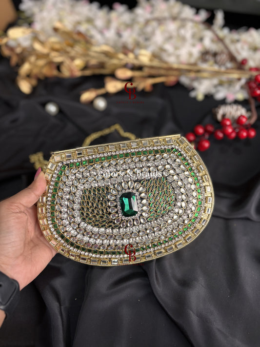 Aafreen Green Crystal Kundan Clutch