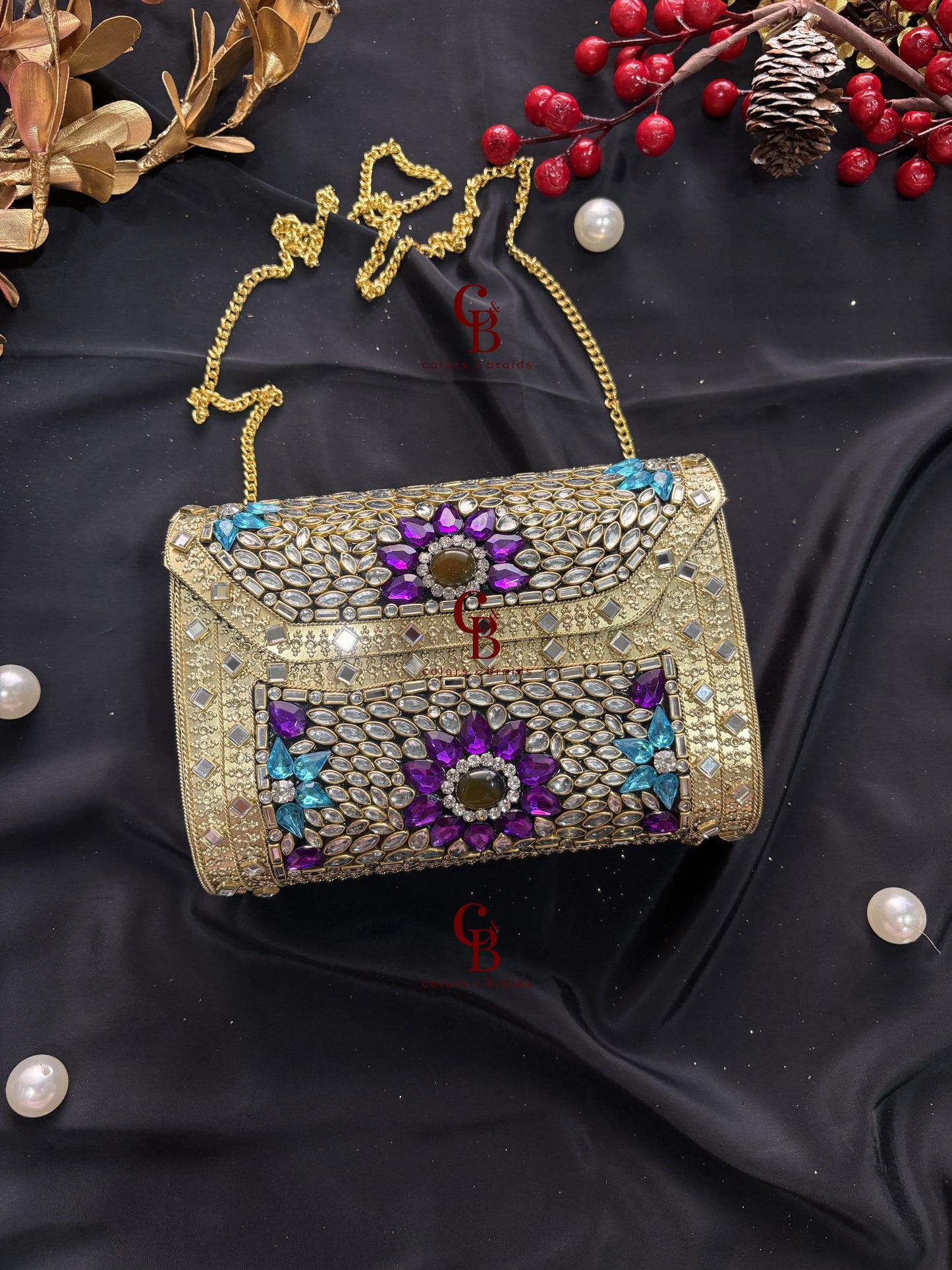 Amaya Kundan Clutch - Purple and Blue Crystals