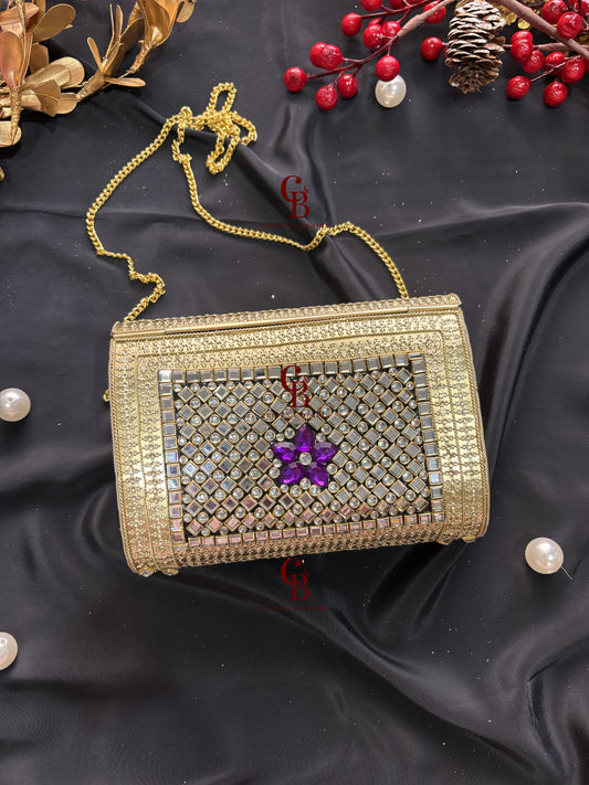 Amaya Kundan Clutch - Purple and Blue Crystals
