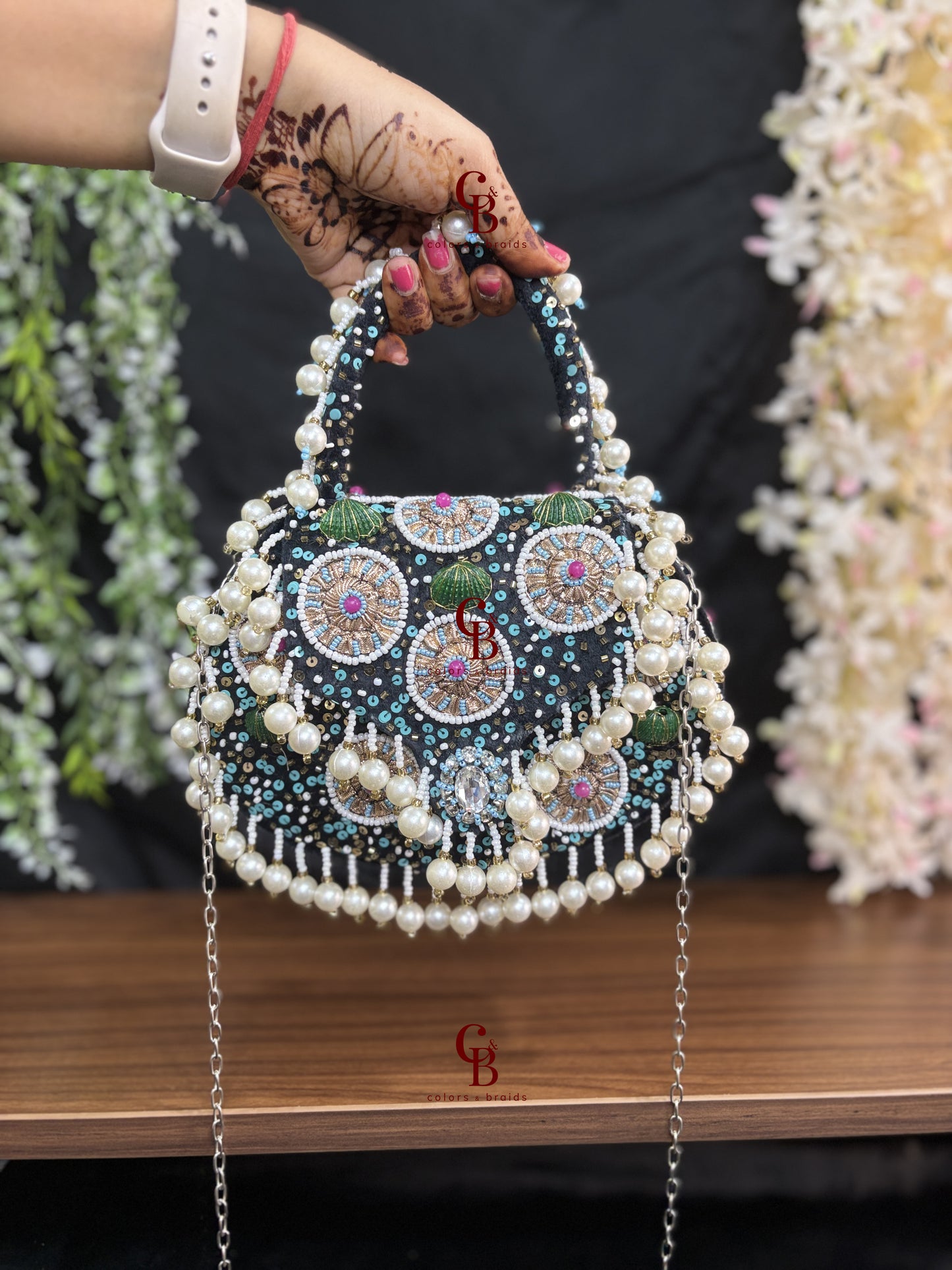 Meher Flap bag - Pearl hangings In Black and Beige
