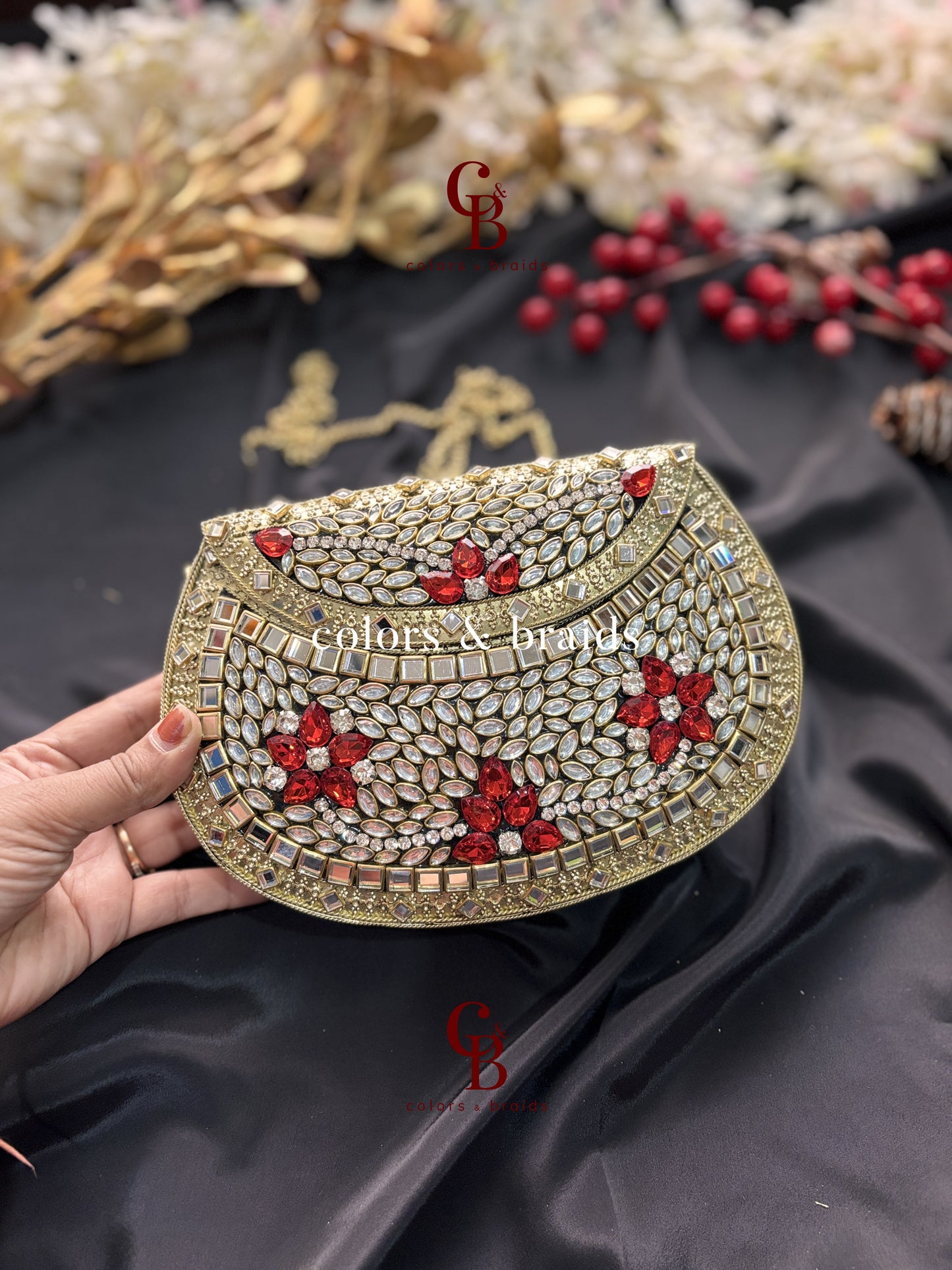 Rosa Kundan Metal Clutch