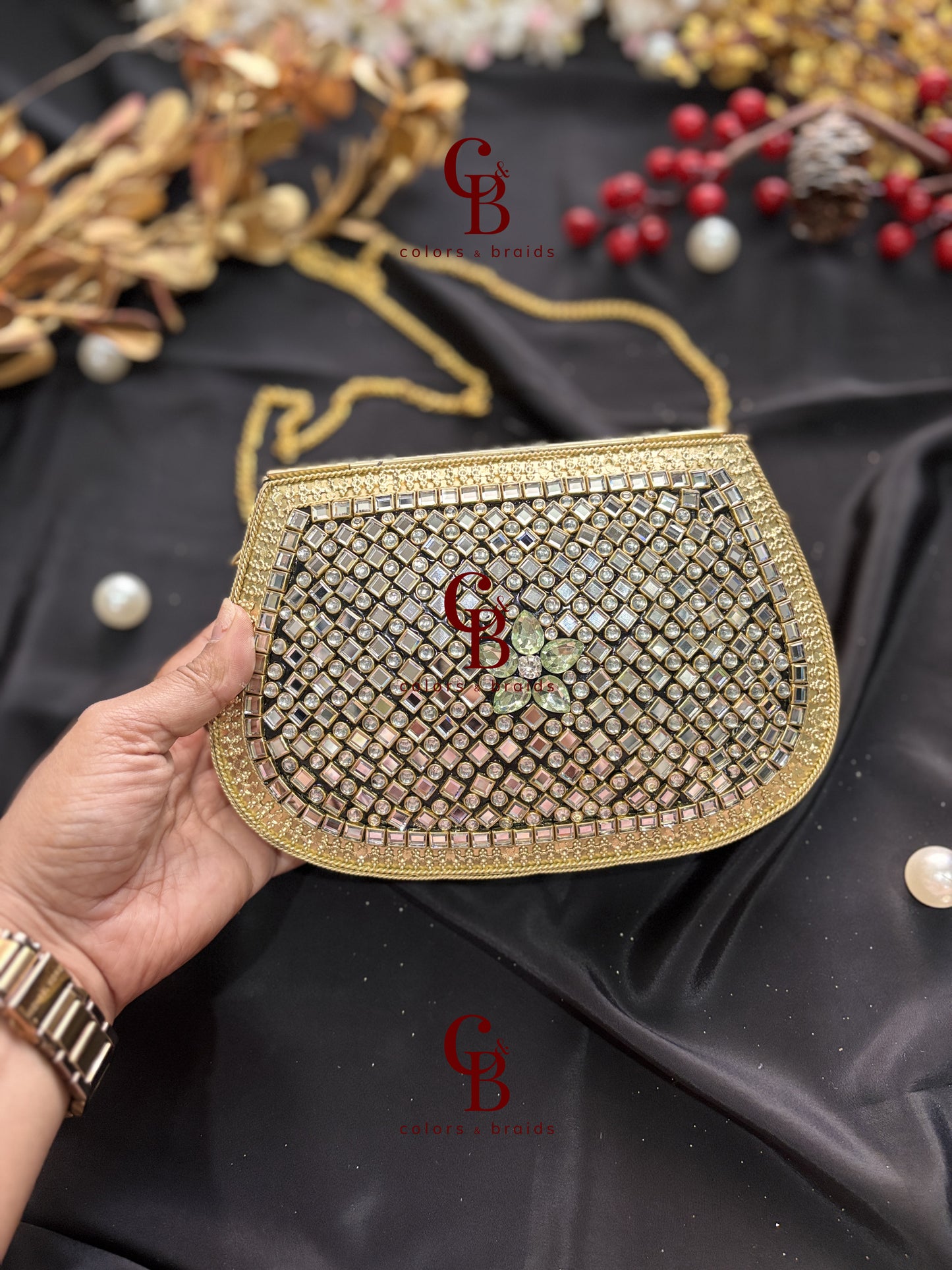 Mehak Kundan Clutch - Mint Green Crystals