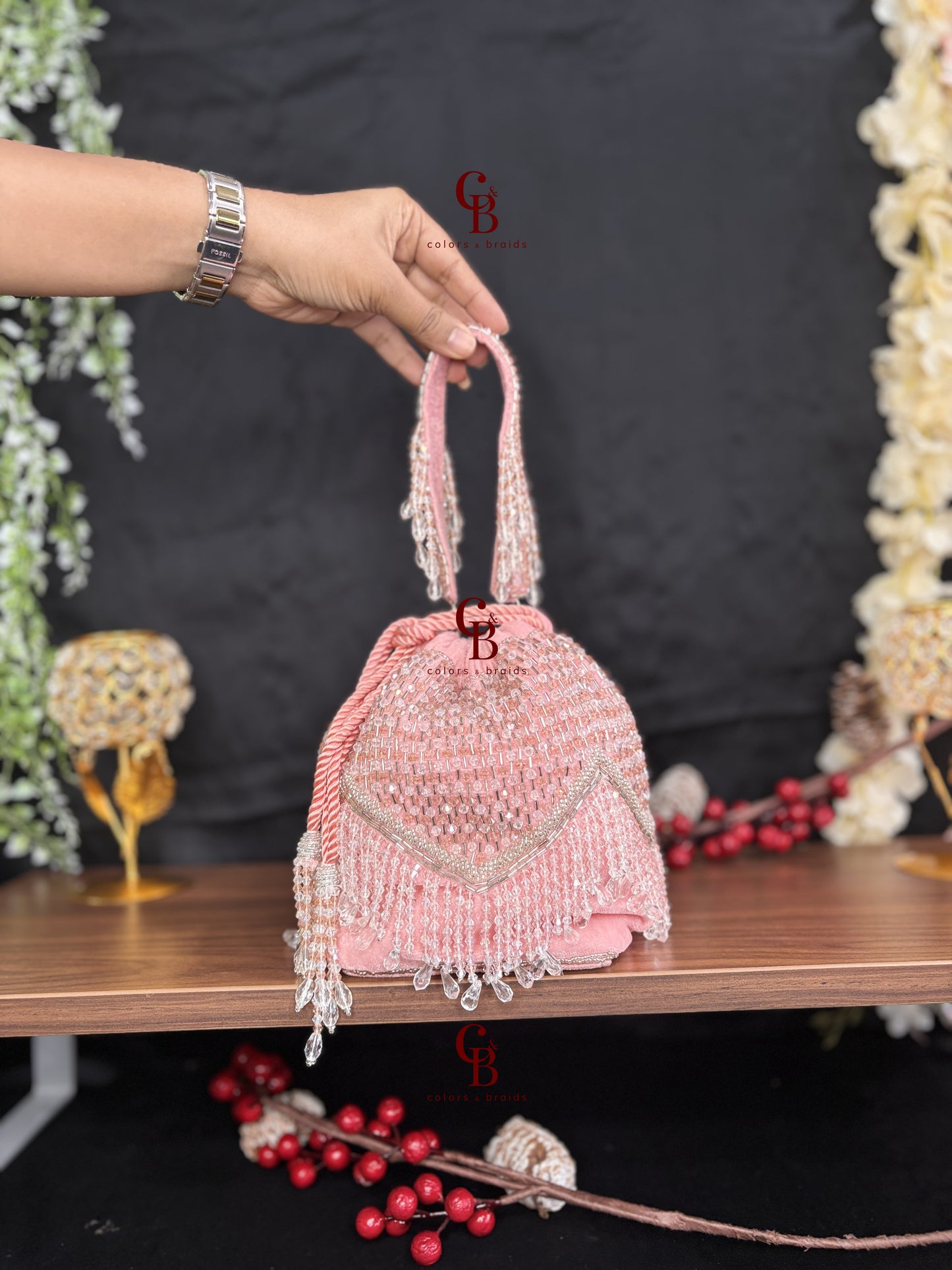 V Crystal Diamond Round Potli