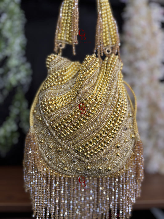 Heavy pearl and crystal hanging potli - Gold Potli