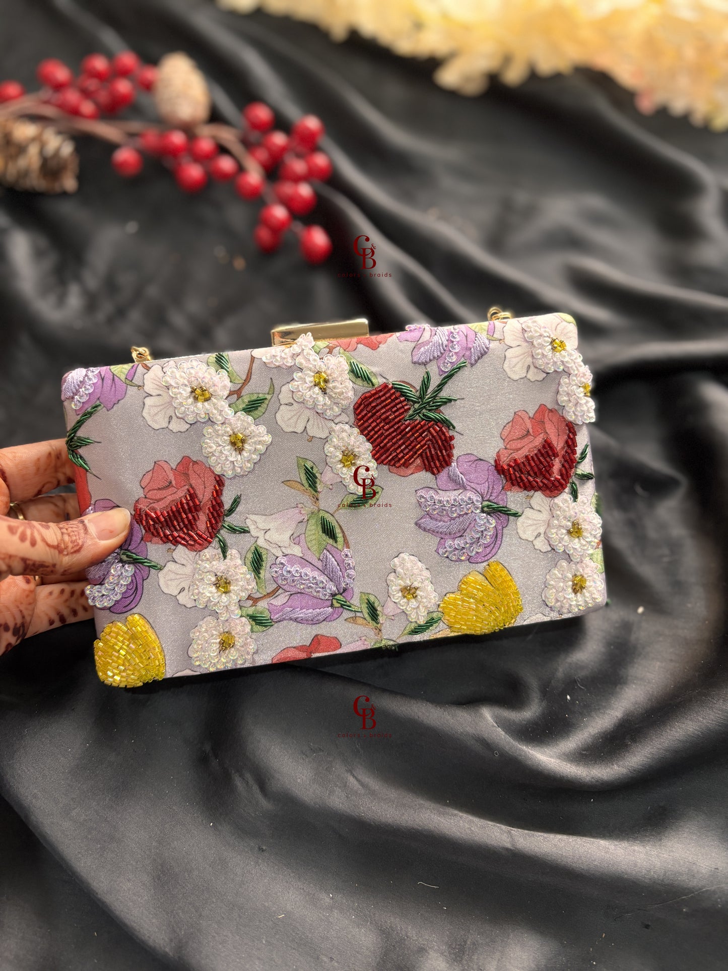 Grey Floral Clutch