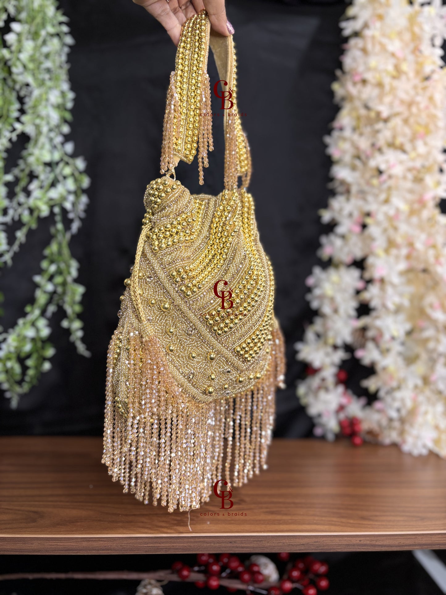 Heavy pearl and crystal hanging potli - Gold Potli