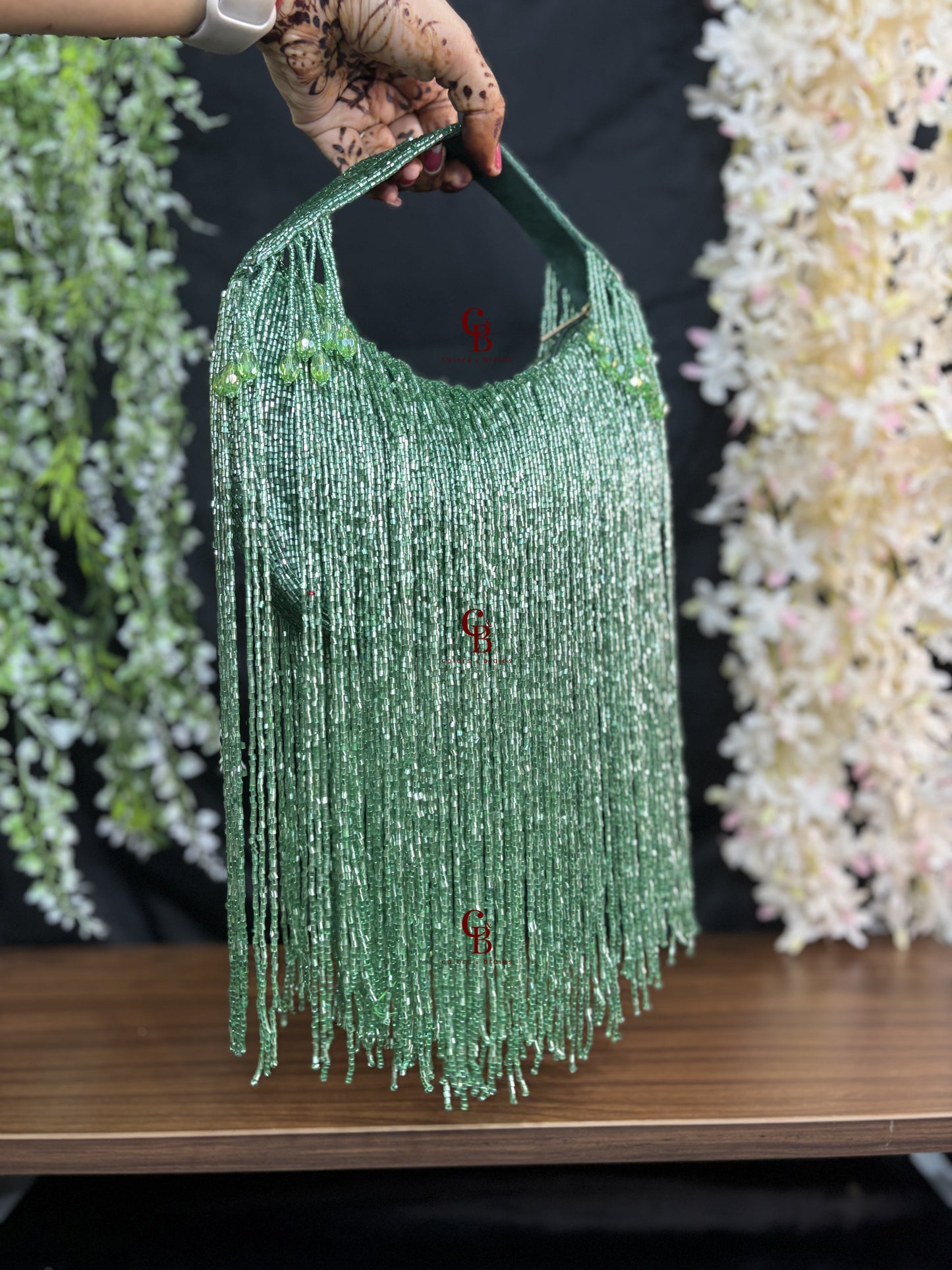 Moonlight Long Cut Dana Tassels Potli in Green, Maroon and Purple