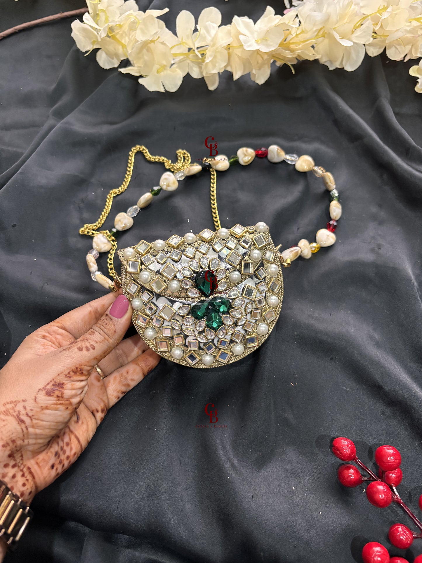 Green Kundan Mini Brass clutch