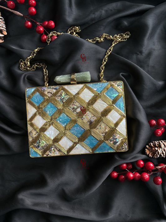 Blue checks Mother of Pearl - Gold MOP Clutch