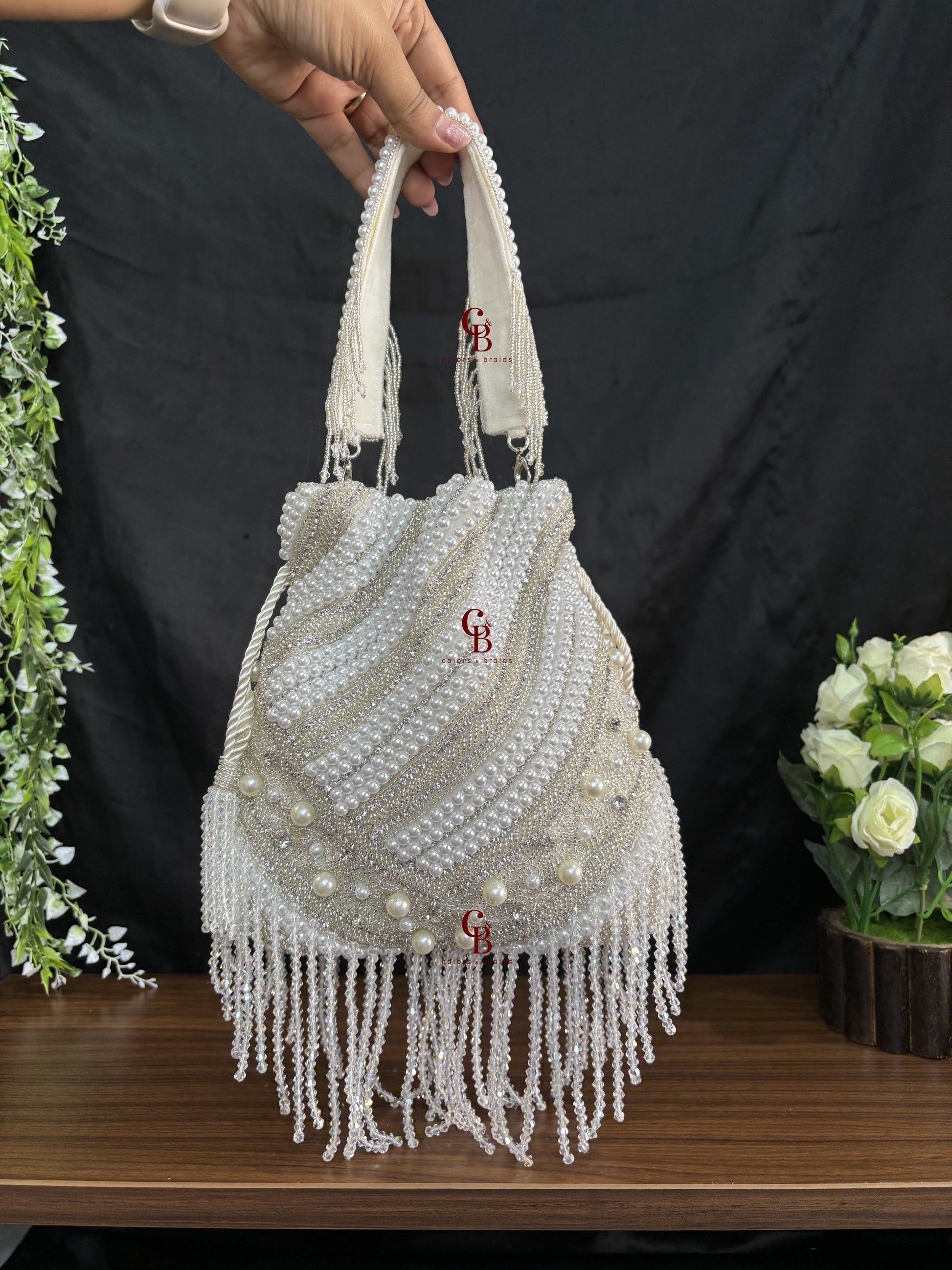 Heavy pearl and crystal hanging potli - Silver Potli