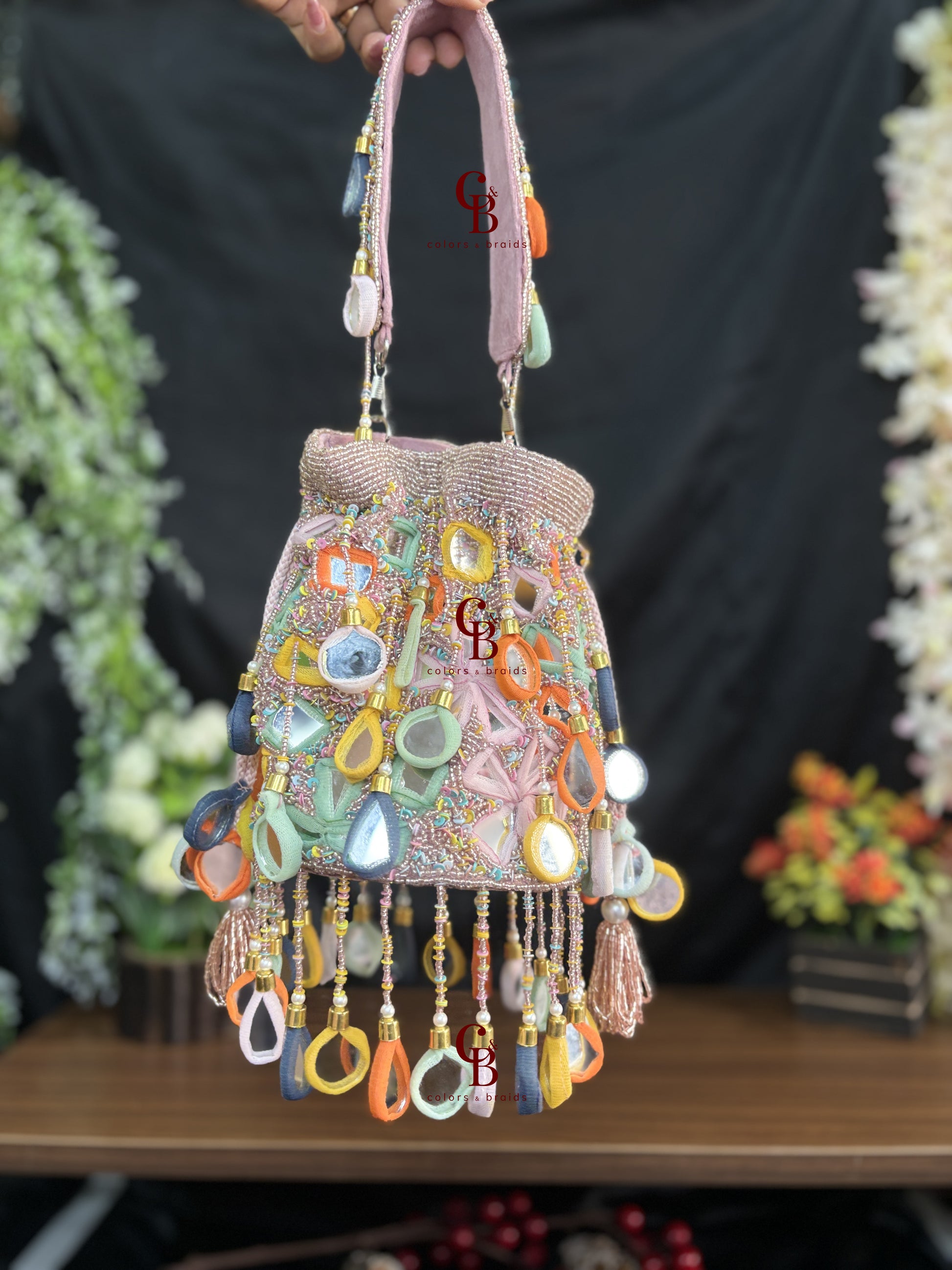 Silver and Pink Multi Mirror Drop Potli