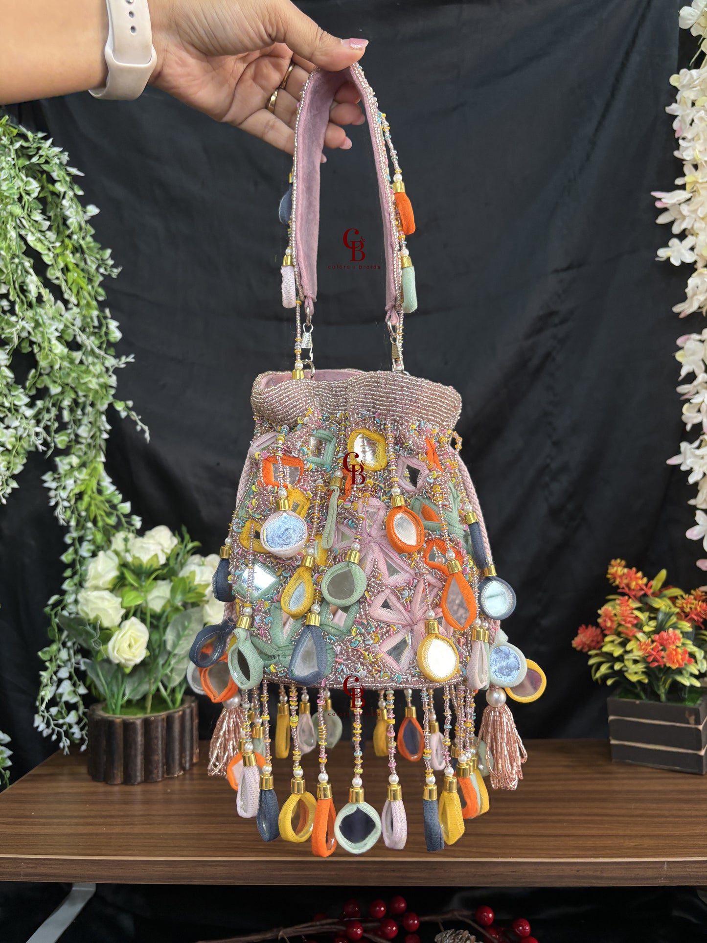 Silver and Pink Multi Mirror Drop Potli
