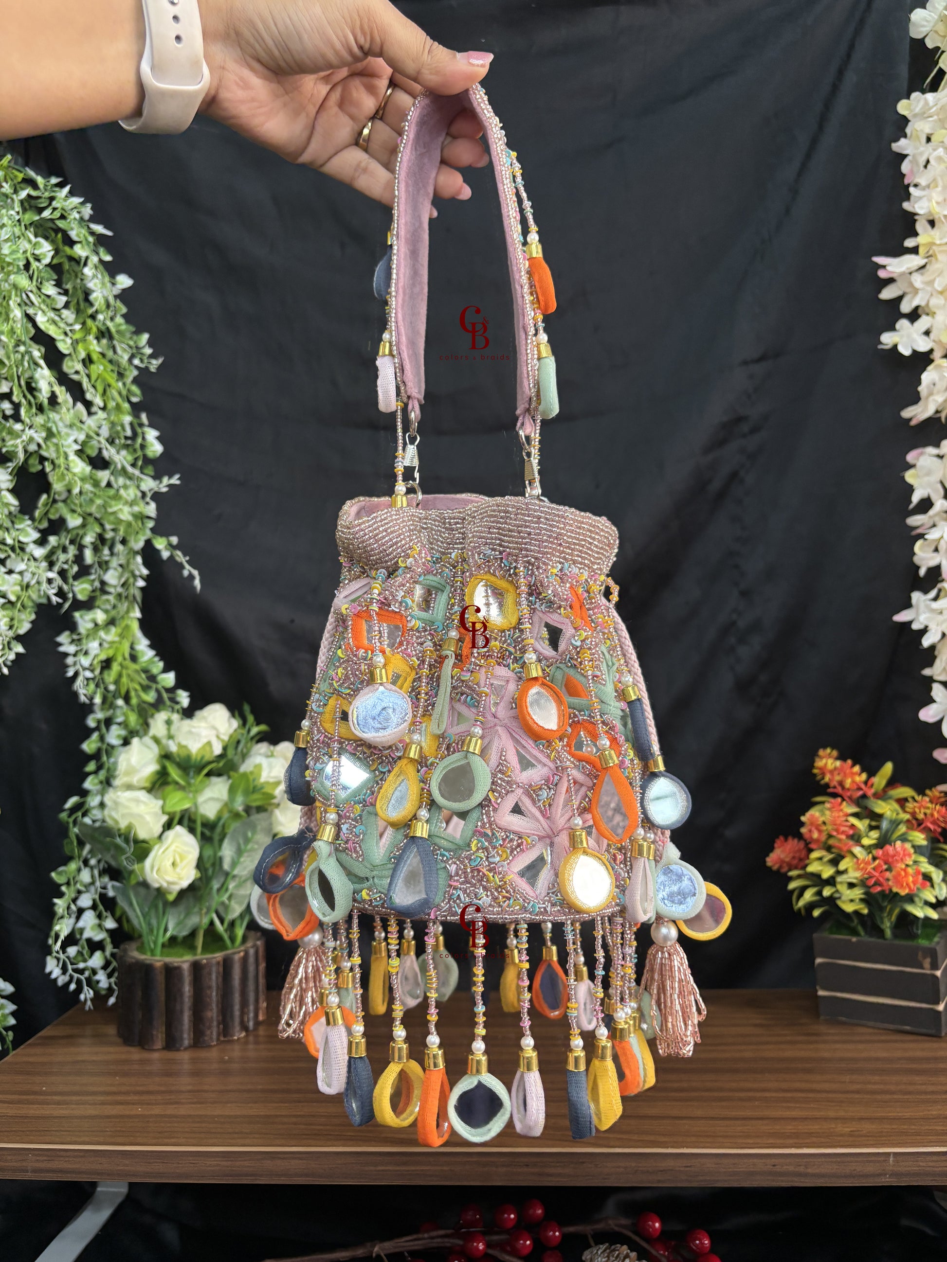 Silver and Pink Multi Mirror Drop Potli