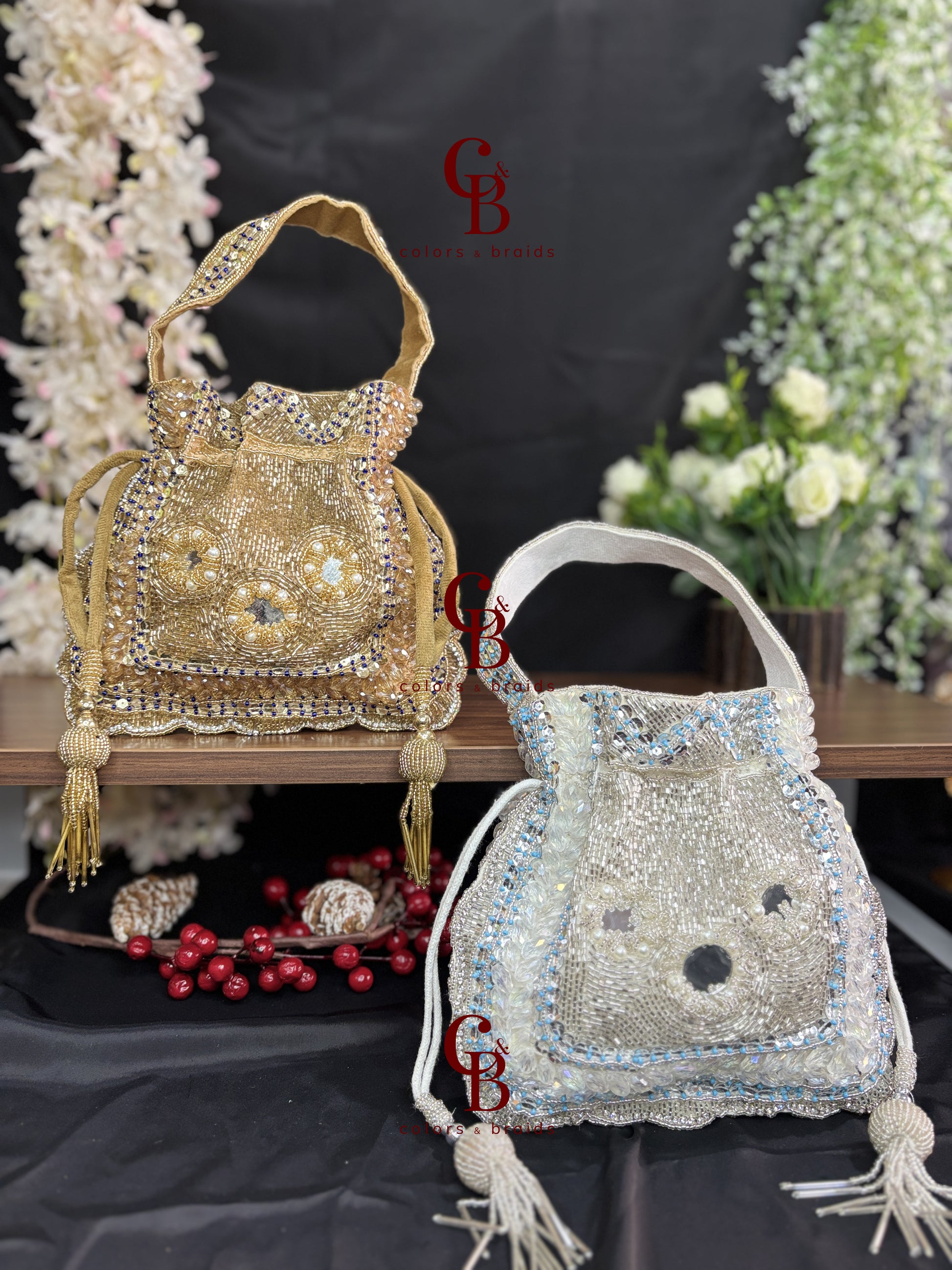 Handcrafted velvet potli bag featuring crystal, cutdana, mirror work, bead embellishments, and tassel drawstrings for weddings and festive occasions.