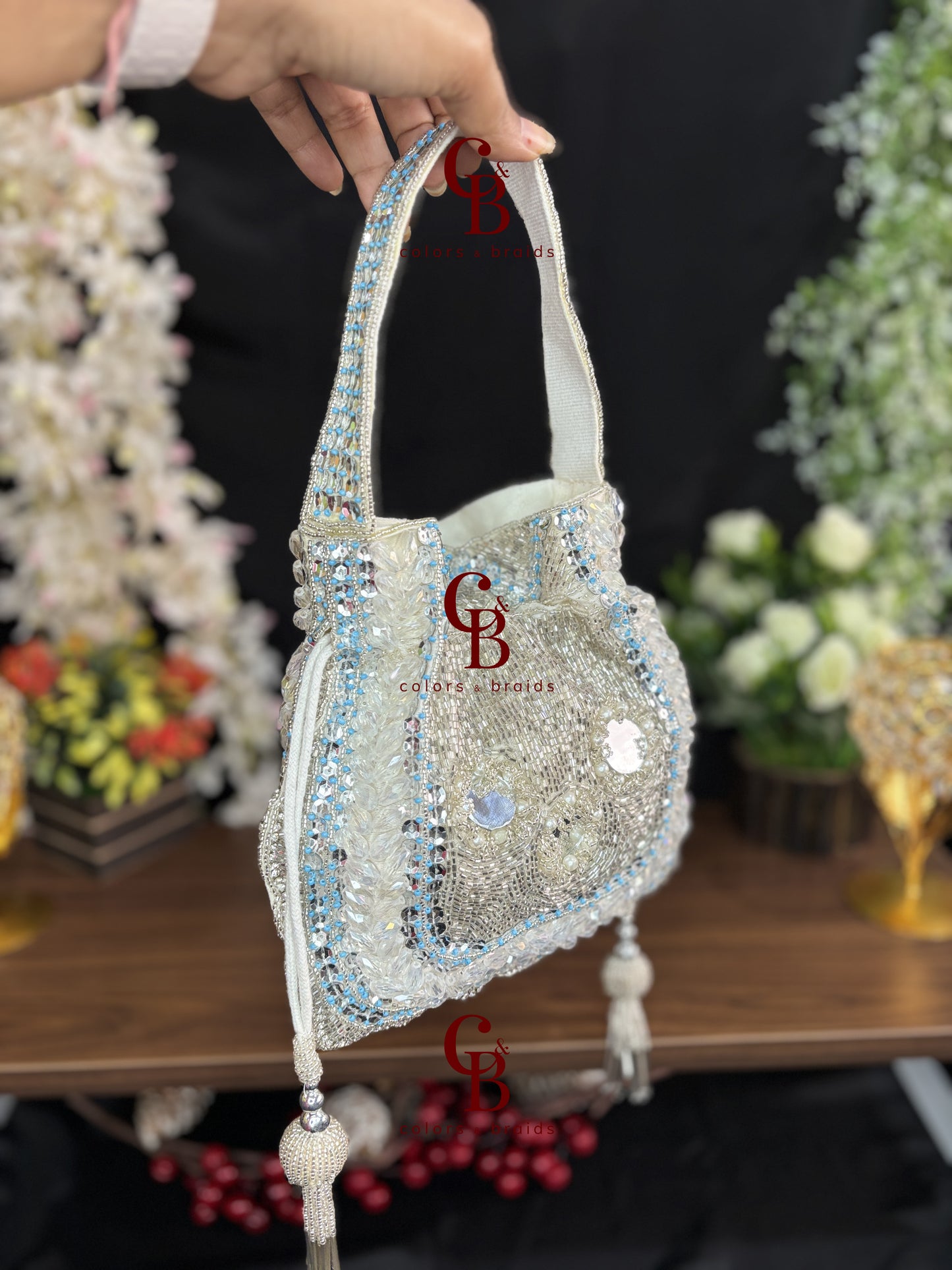 Raaya Handcrafted Crystal, Cutdana & Mirror Work Velvet Potli Bag